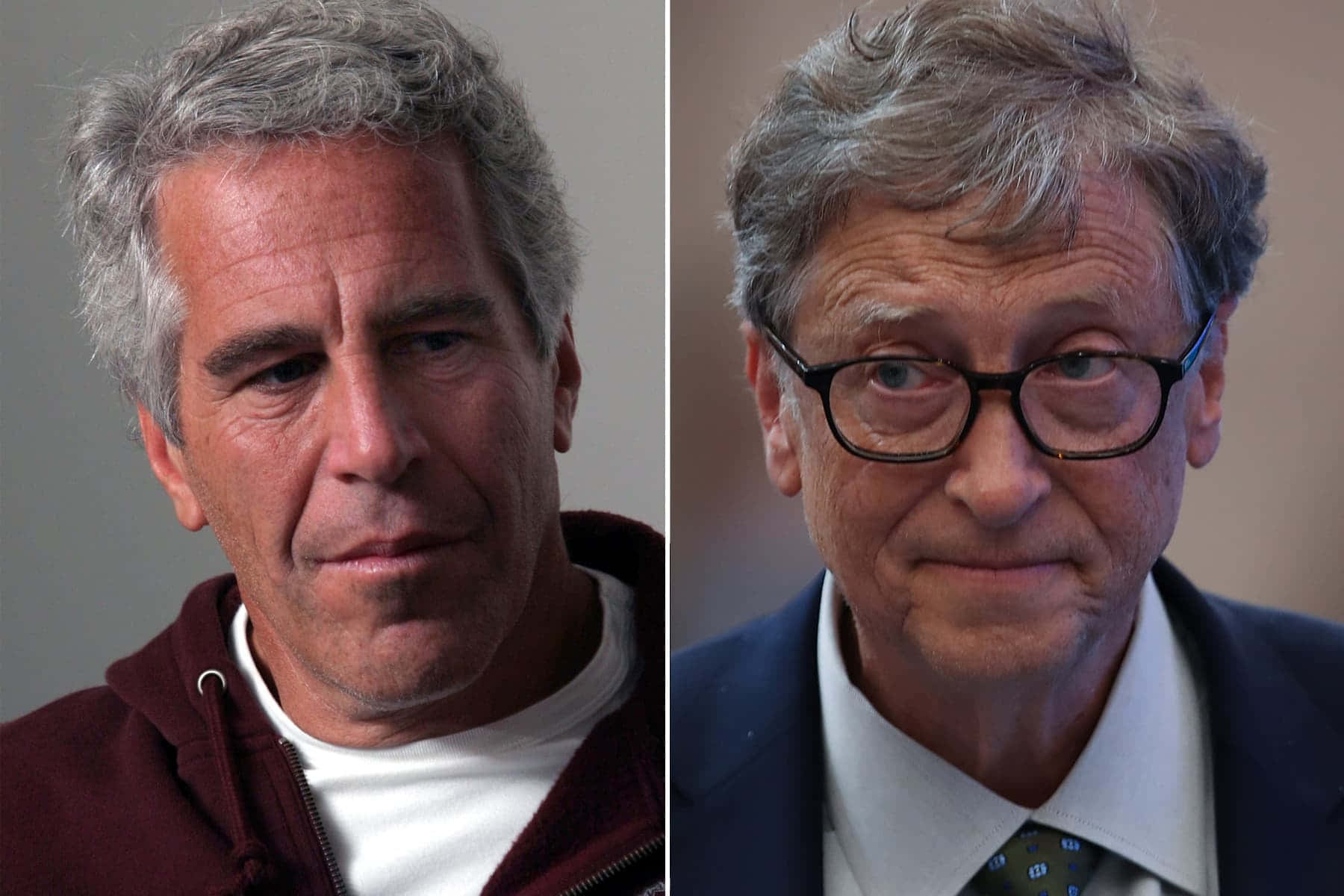Bill Gates And Epstein 桌布 壁紙 — Jeffrey Epstein 和 Bill Gates 在中性背景前表情嚴肅的分割肖像。