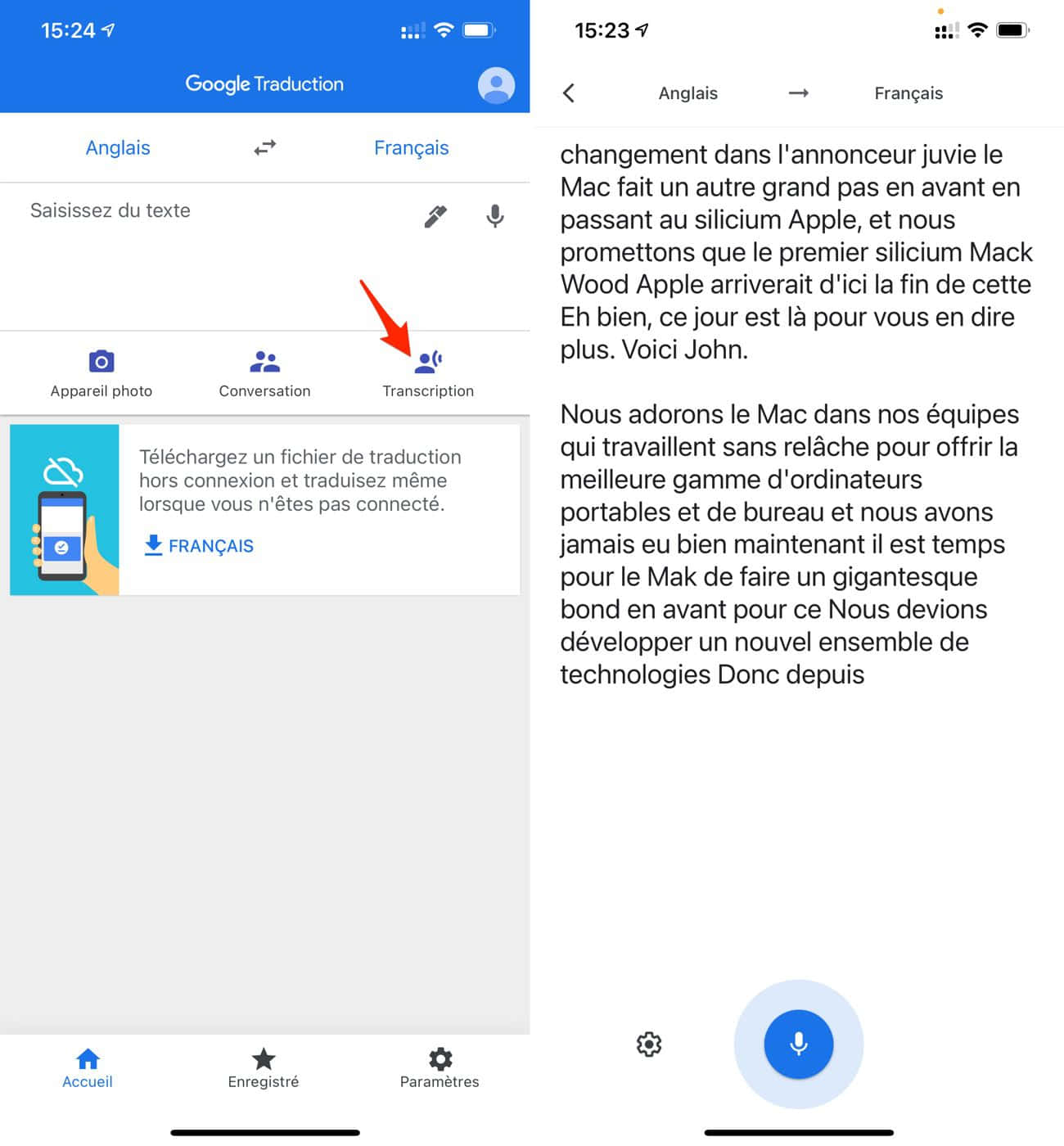 Google Translate 應用程式介面，顯示轉錄功能和法文翻譯文字。 — Google 壁紙