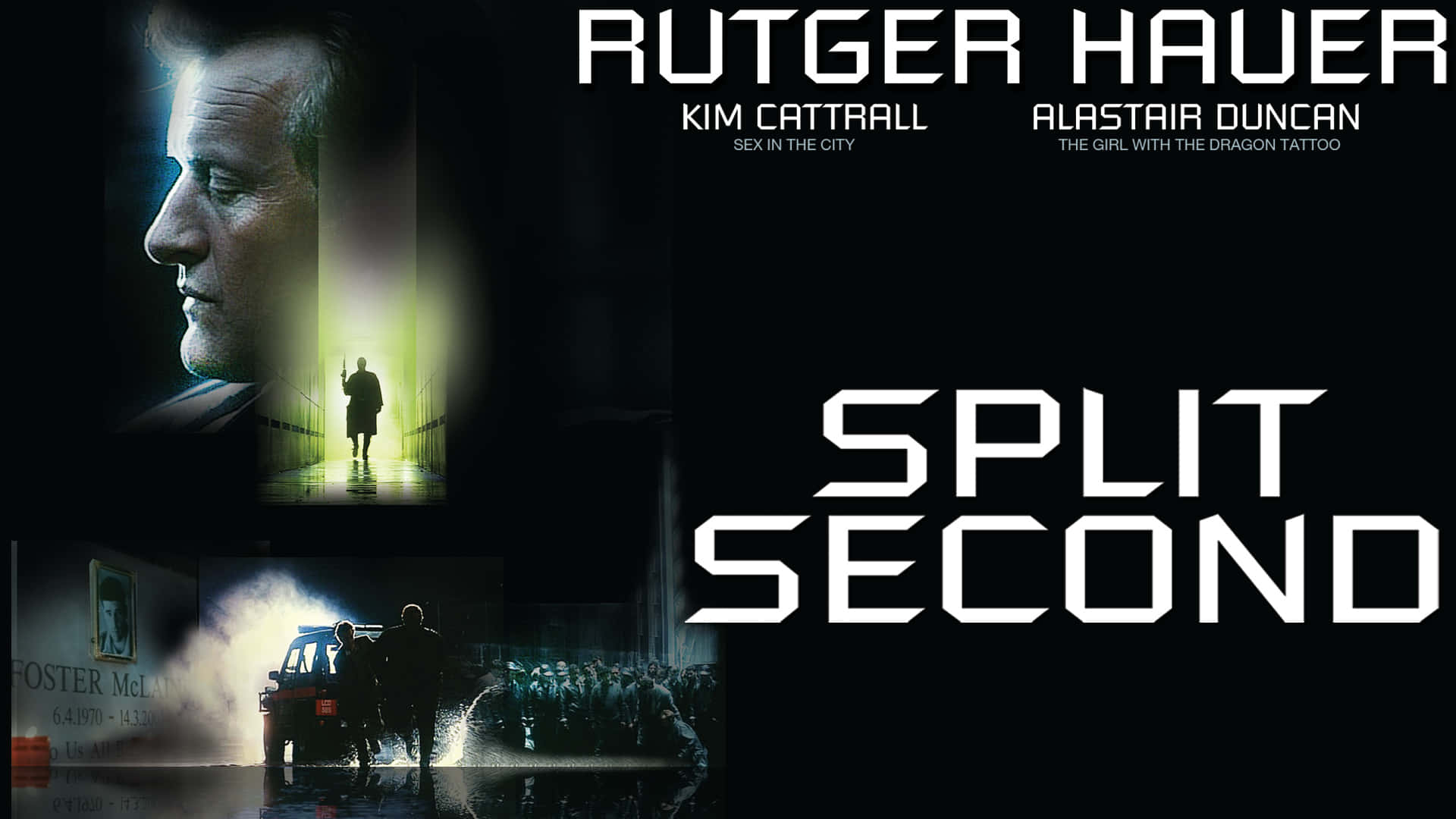 actor 桌布 壁紙 — 《Split Second》的黑暗電影海報， featuring Rutger Hauer 的臉，一個孤獨的身影在發光的走廊中，以及煙霧中汽車附近的剪影。