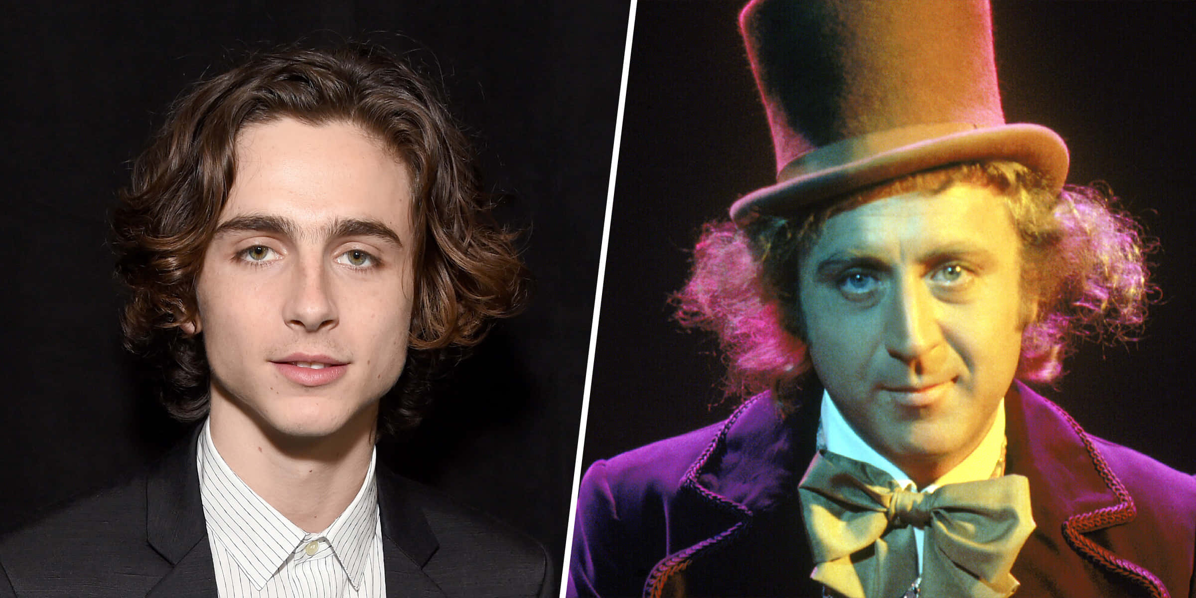 Willy Wonka 桌布 壁紙 — Timothée Chalamet 身穿西裝與身穿紫色天鵝絨外套和高帽的瘋帽匠的分割肖像。