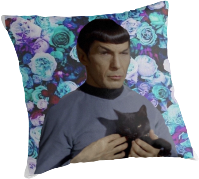 星際爭霸戰 桌布 壁紙 — Spock 抱著一隻黑貓，背景是充滿活力的花卉圖案，有青綠色、紫色和藍色的玫瑰。