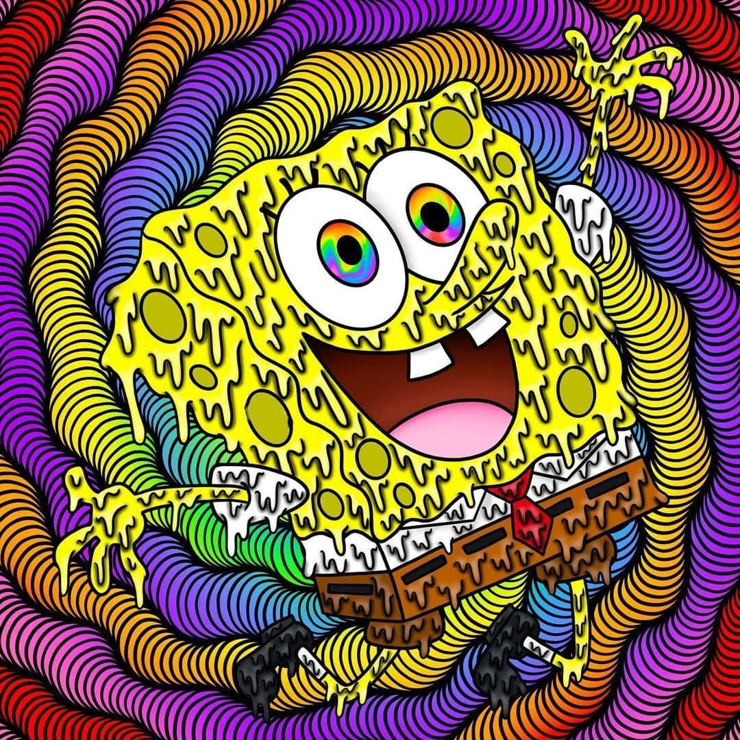  壁紙 — 海綿寶寶在迷幻的數位插圖中，被鮮豔旋轉的彩虹絲帶環繞，露出喜悅的笑容。