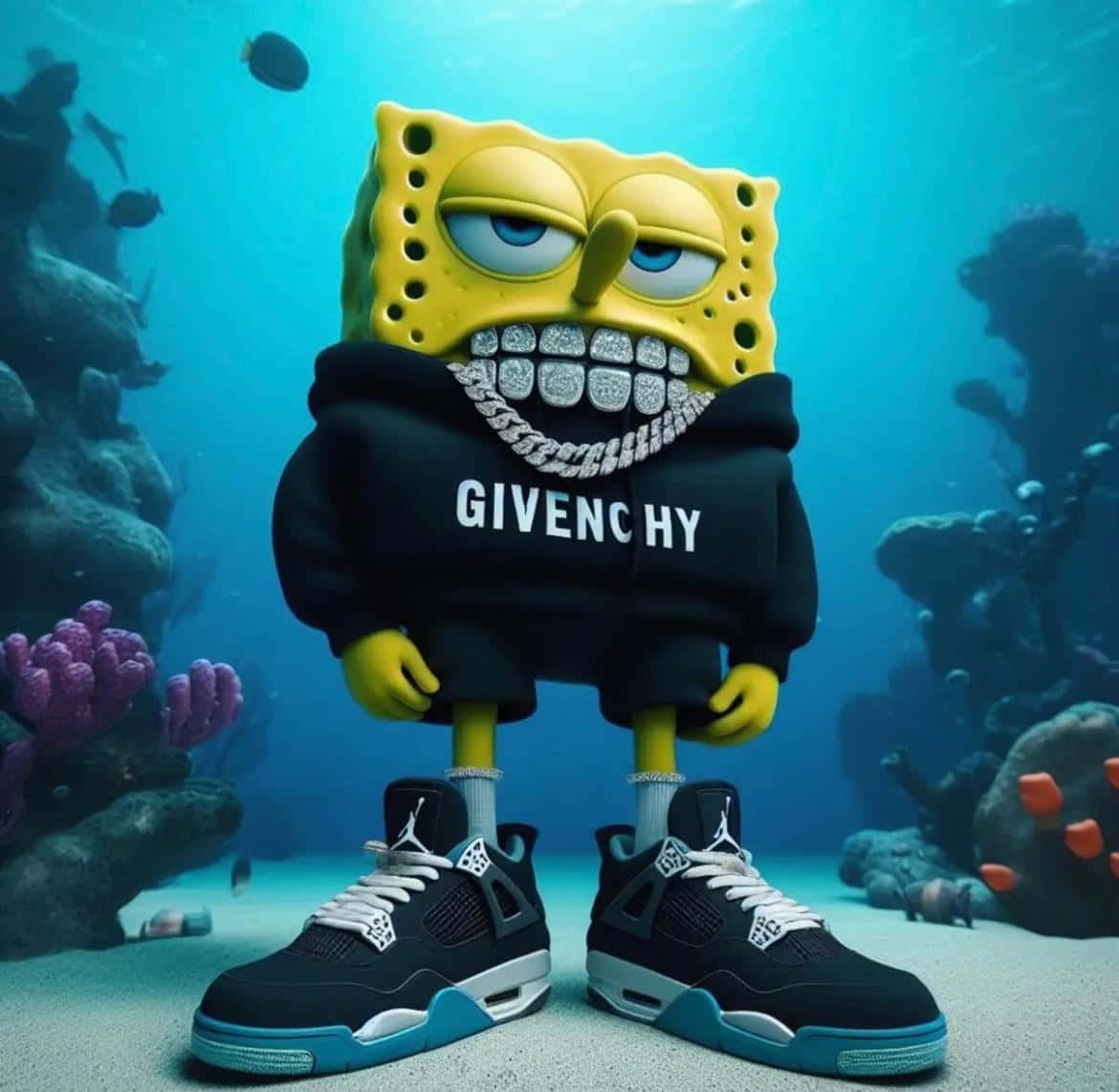  壁紙 — 海綿寶寶穿著黑色Givenchy連帽衫和奢華運動鞋，站在水下，周圍環繞著珊瑚和魚類。