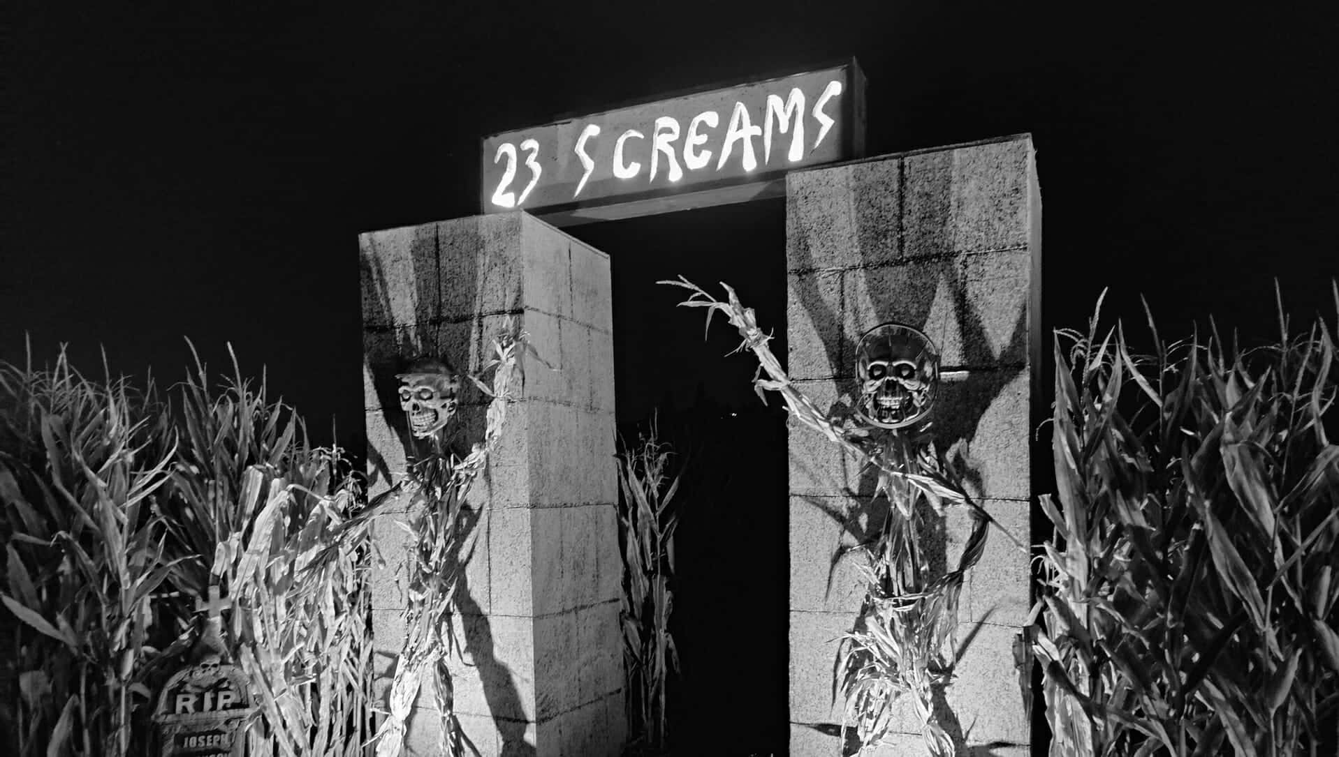  壁紙 — 一個陰森的黑白鬼魂玉米田入口，有骷髏人物在發光的「23 SCREAMS」標誌下守衛著石拱門。