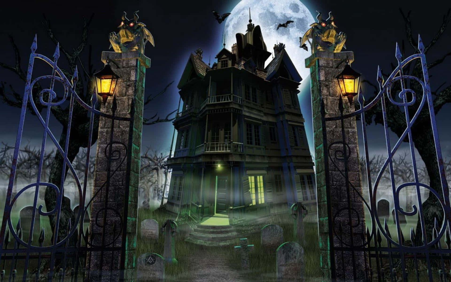 haunted 桌布 壁紙 — 一座陰森鬼屋，窗戶發光，矗立在華麗大門後，滿月下蝙蝠飛舞。