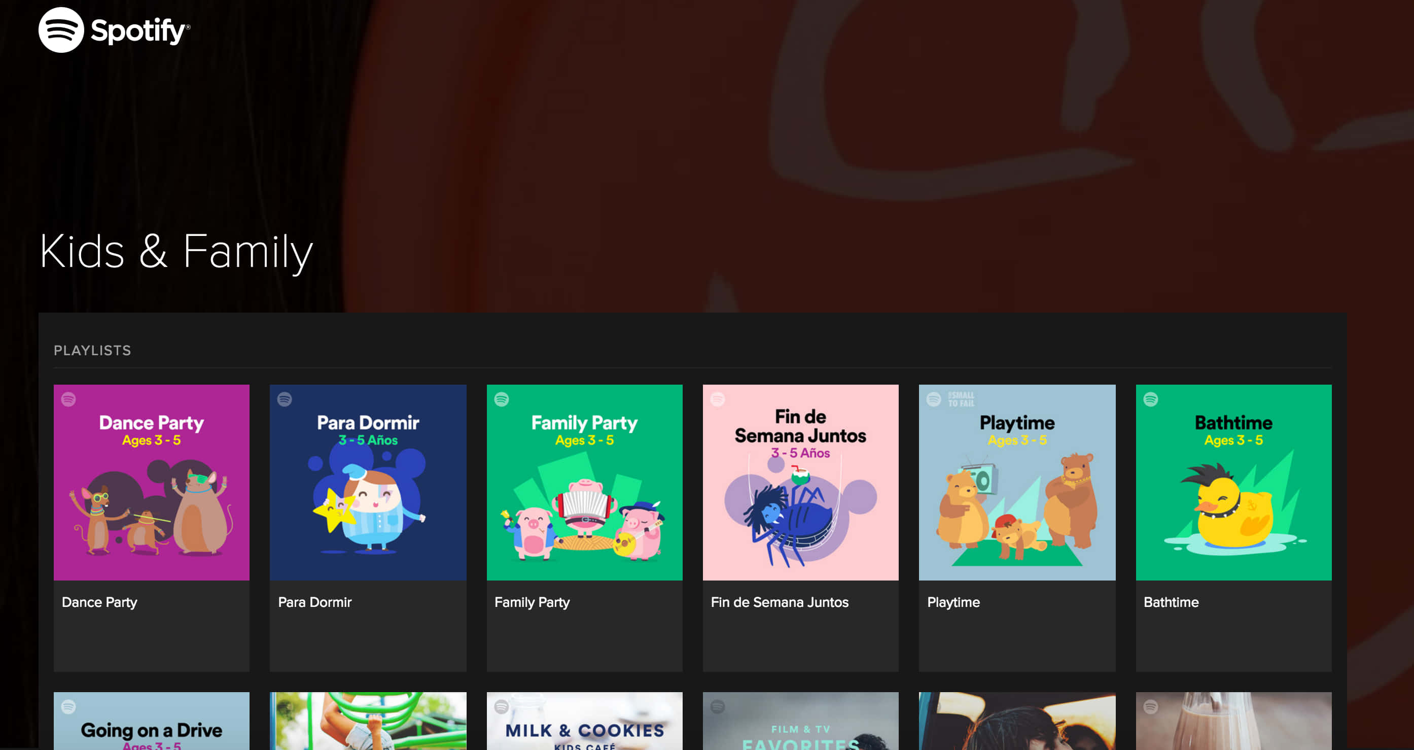Screenshot 桌布 壁紙 — Spotify Kids & Family 部分顯示色彩繽紛的卡通播放清單封面，帶有可愛角色和年齡標籤，專為兒童設計。