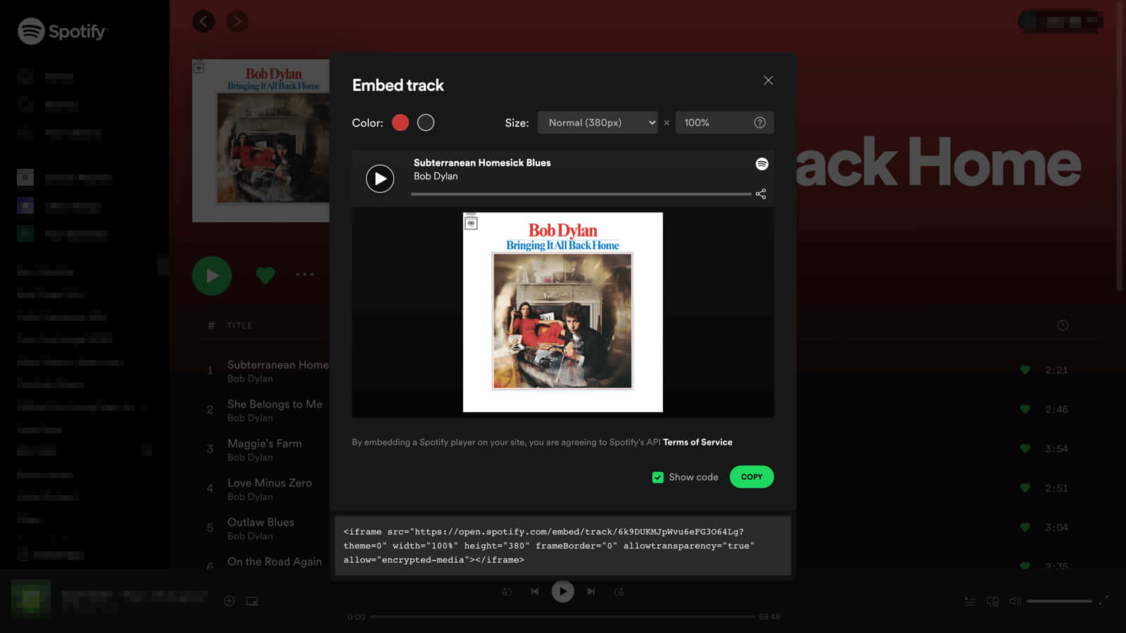 song 桌布 壁紙 — Spotify 嵌入播放器顯示 Bob Dylan 專輯《Bringing It All Back Home》的封面，帶有紅色和白色文字。