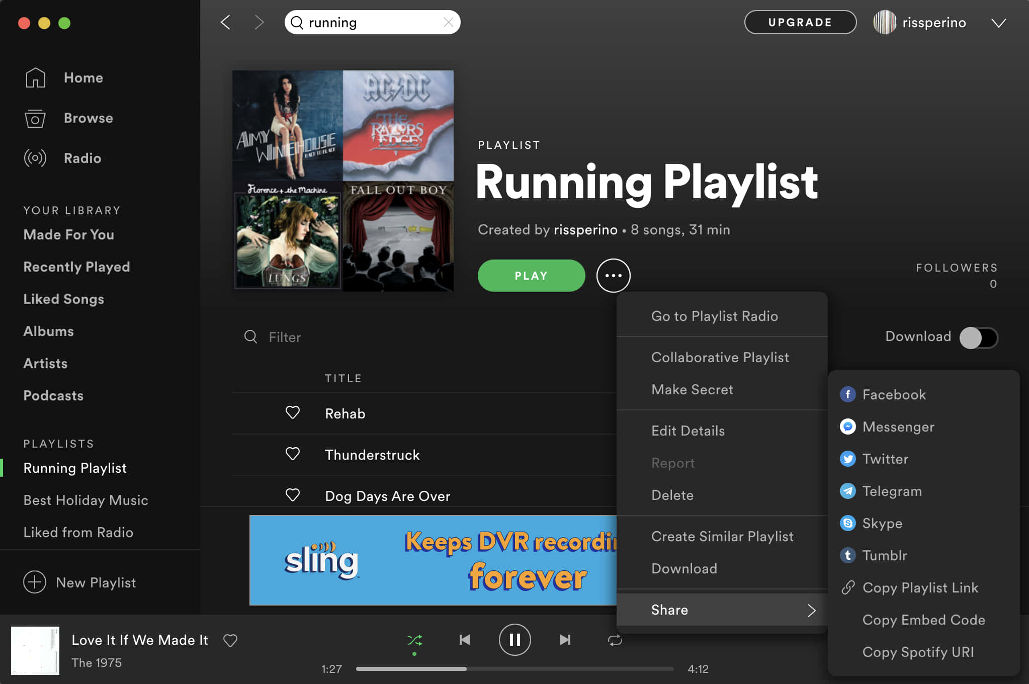 Screenshot 桌布 壁紙 — Spotify 應用程式介面顯示「Running Playlist」及歌曲選項，分享選單已開啟。