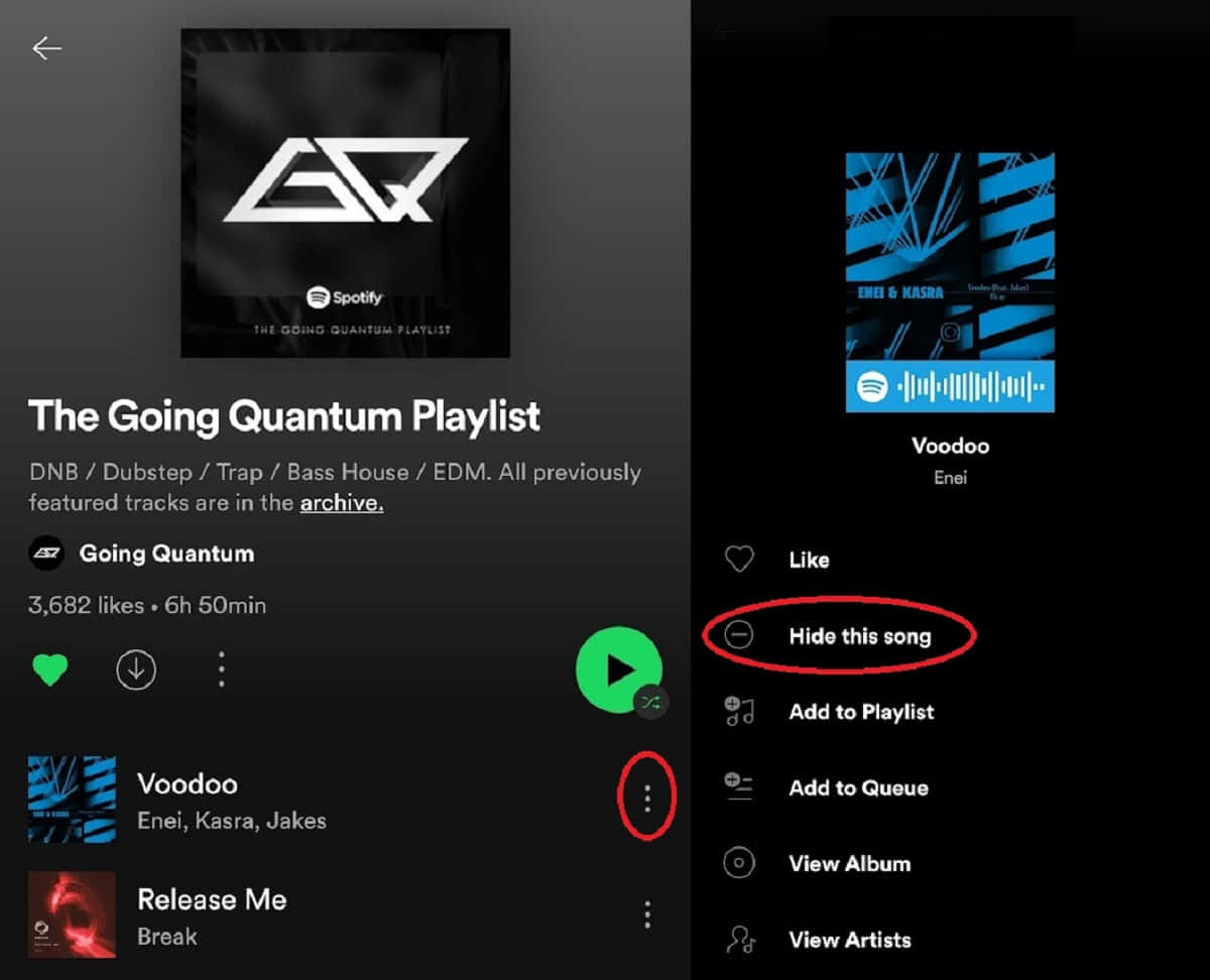 音樂 桌布 壁紙 — Spotify 播放清單畫面顯示「The Going Quantum Playlist」，並圈出歌曲「Voodoo」的「隱藏這首歌」選項。