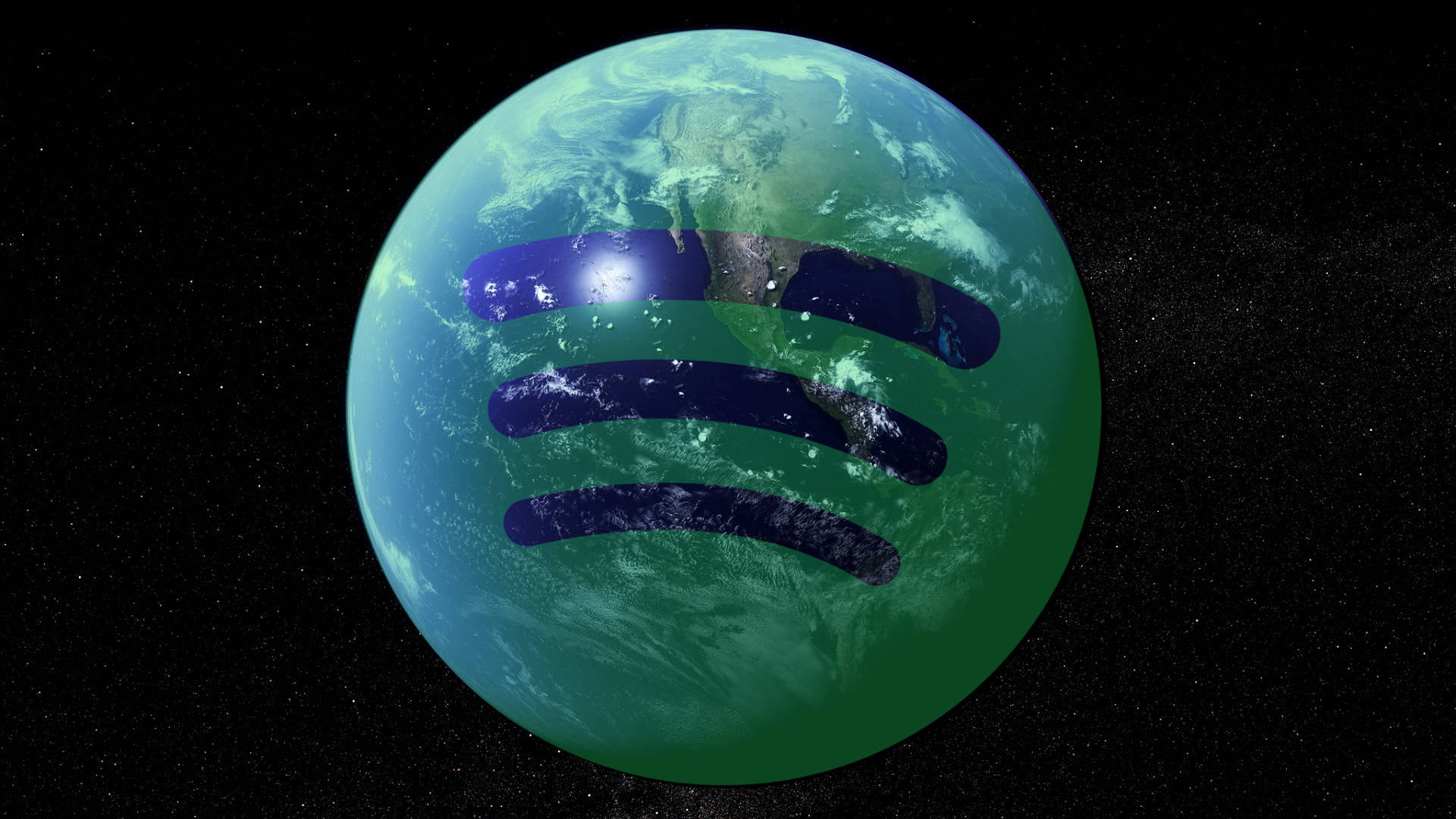 Spotify 桌布 壁紙 — Spotify 標誌疊加在從太空看到的充滿活力的藍色和綠色地球上，背景是星空黑色。