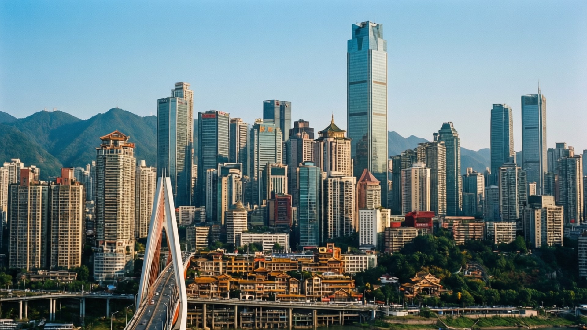 Mountain City Panorama 壁紙 — 一個廣闊的現代城市景觀，玻璃摩天大樓和傳統屋頂坐落在綠山之間，在清澈的藍天下。