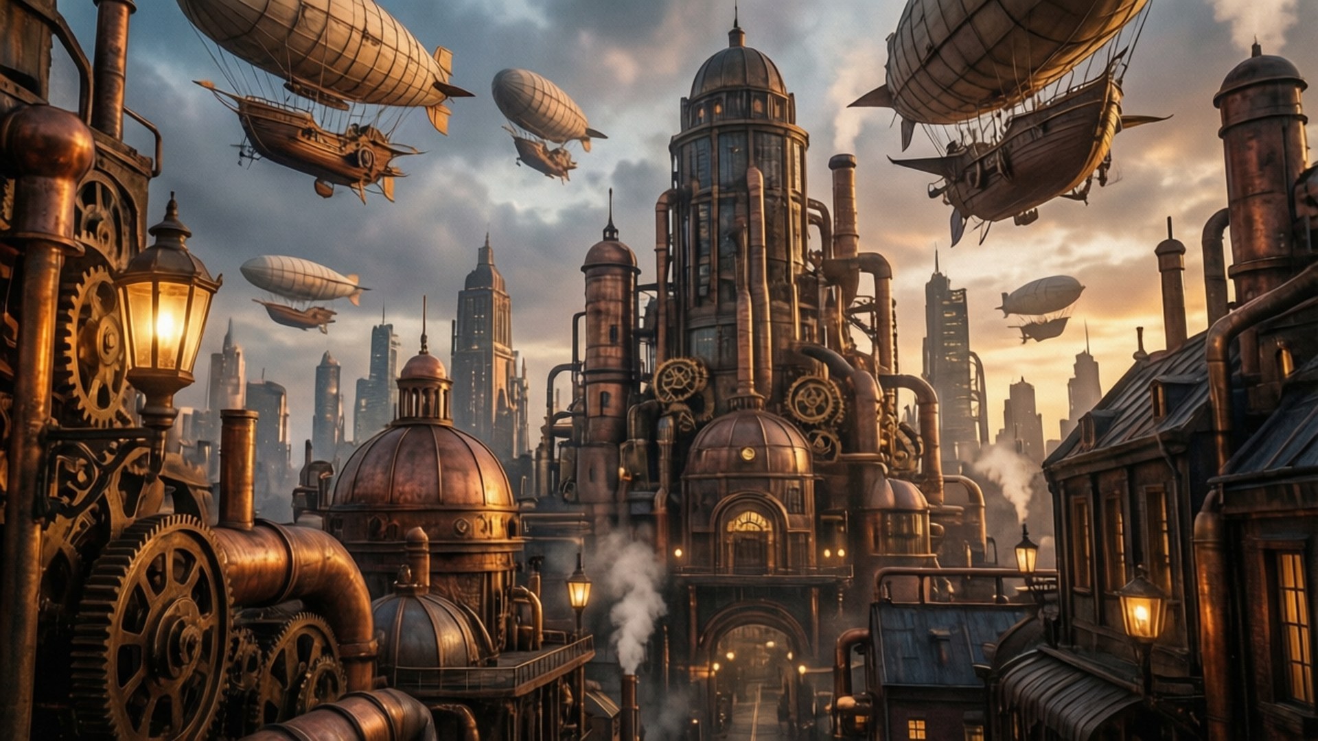 Steampunk Skyline Dusk 壁紙 — 黃昏時分，廣闊的蒸氣龐克城市景觀，黃銅齒輪、蒸汽管和飛船漂浮在高聳的工業建築上方。