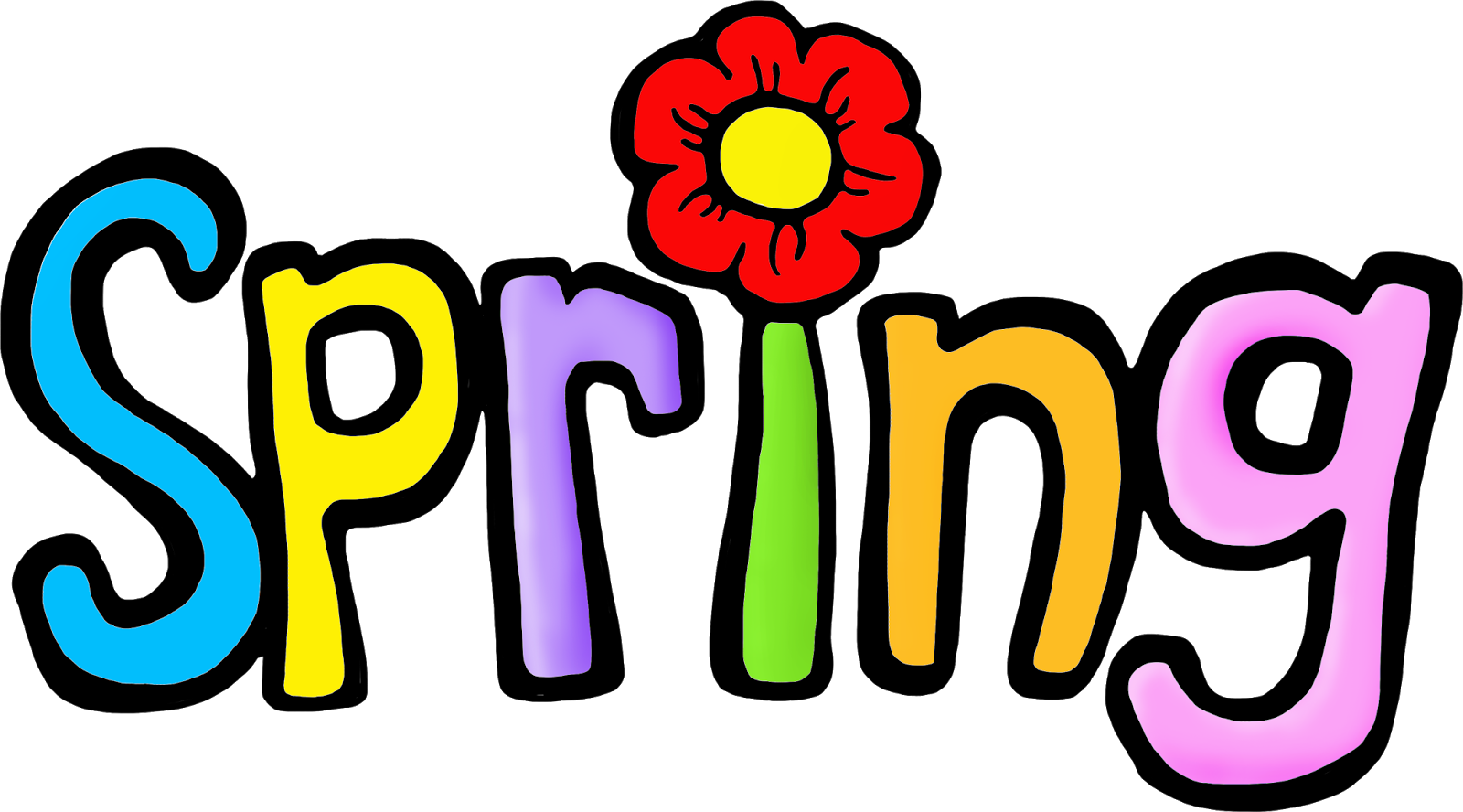 春天 桌布 壁紙 — 「Spring」這個詞用彩虹色字母寫成，黑色背景上的「i」上面有一朵紅花。
