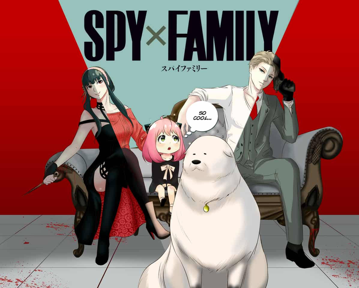 X 桌布 壁紙 — Spy x Family 動畫角色在一張沙發上擺姿勢，前面有一隻白色的狗，背景為紅色和藍綠色。