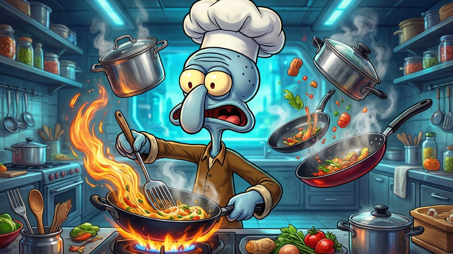 Chef Zoidberg's Chaos 壁紙 — Squidward 戴著廚師帽瘋狂攪拌著起火的鍋子，鍋子和平底鍋在混亂的廚房裡飛來飛去。