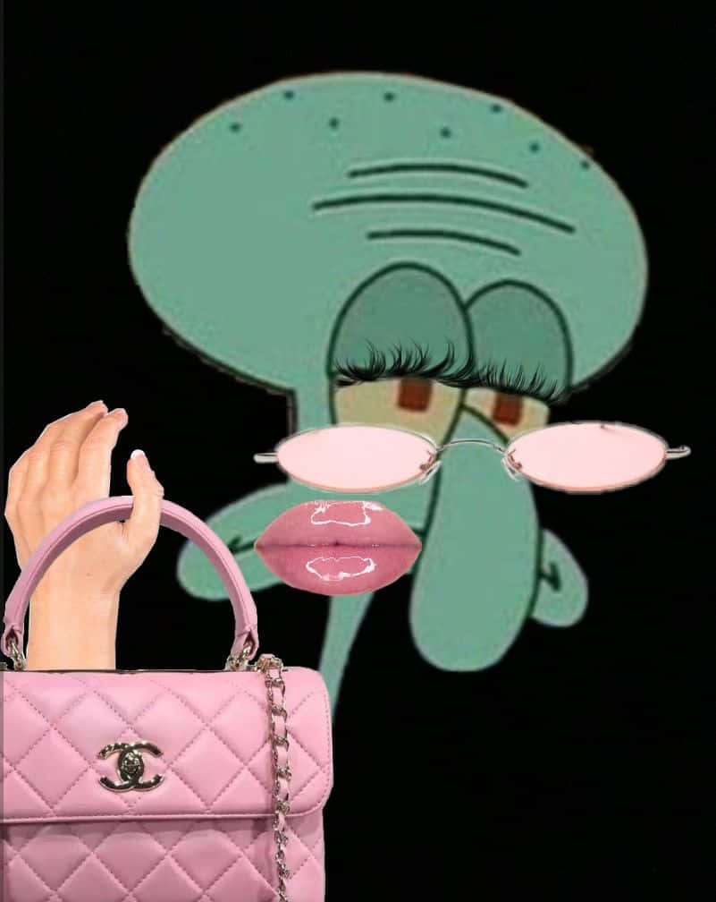  壁紙 — Squidward 戴著粉紅色太陽眼鏡和嘴唇，在黑色背景前拿著一個粉紅色的 Chanel 手袋。