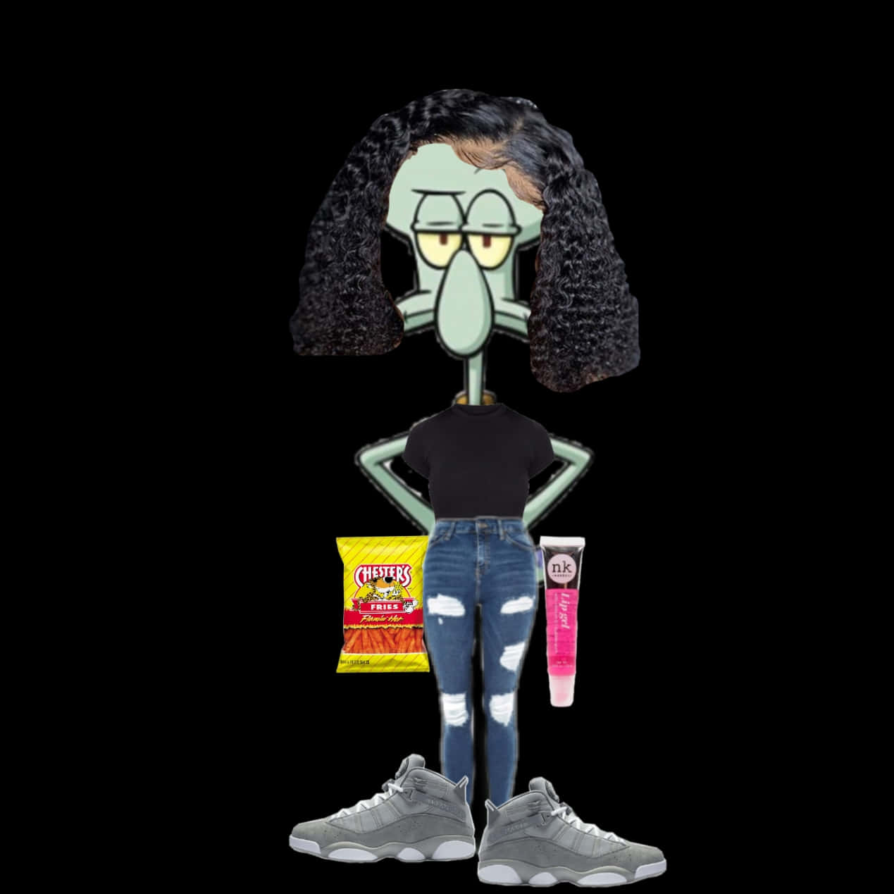  壁紙 — Squidward 戴著黑色捲髮假髮和破洞牛仔褲，拿著零食和唇彩，搭配灰色運動鞋。