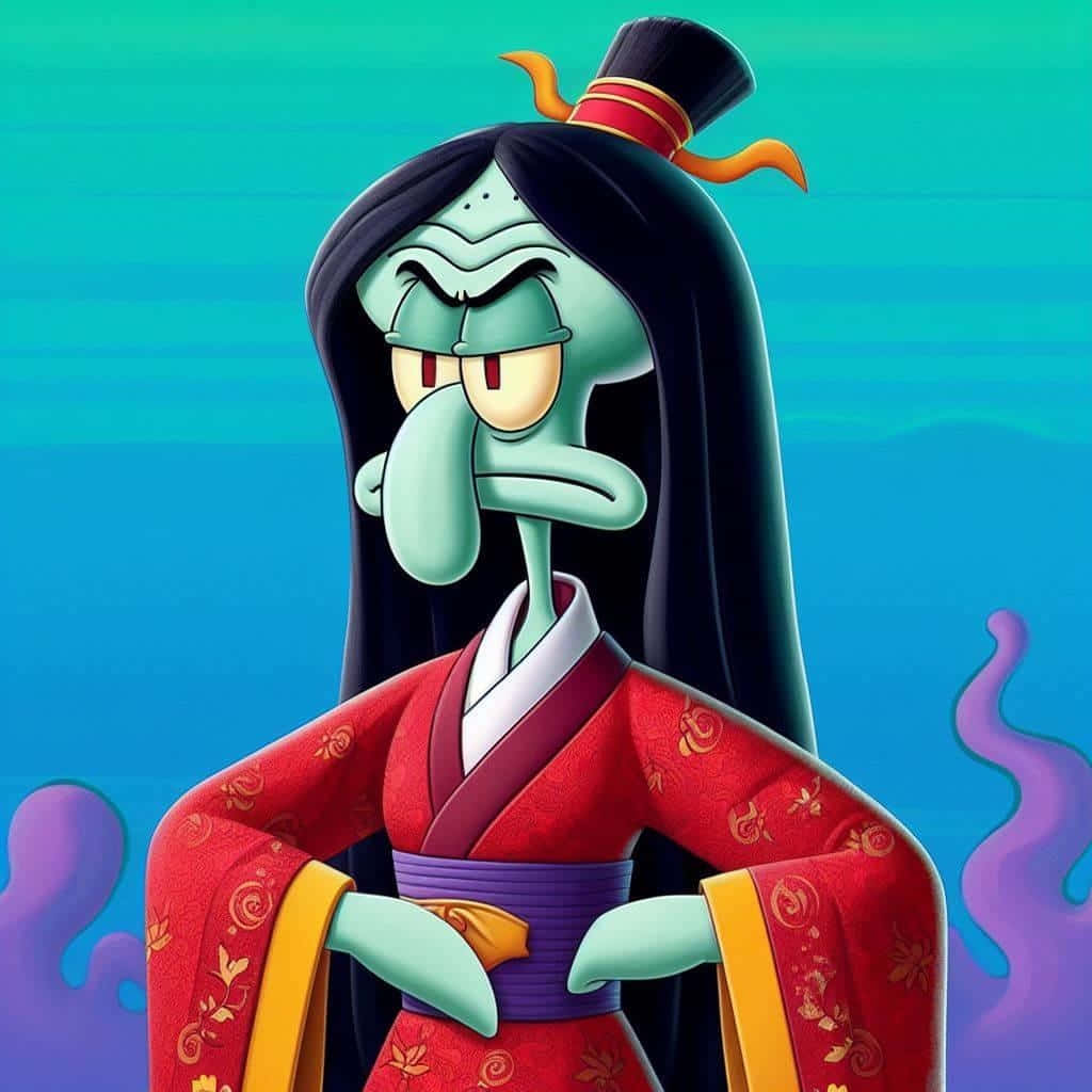  壁紙 — Squidward 身穿紅色傳統長袍，長長的黑髮，憤怒的表情，背景為青綠色。