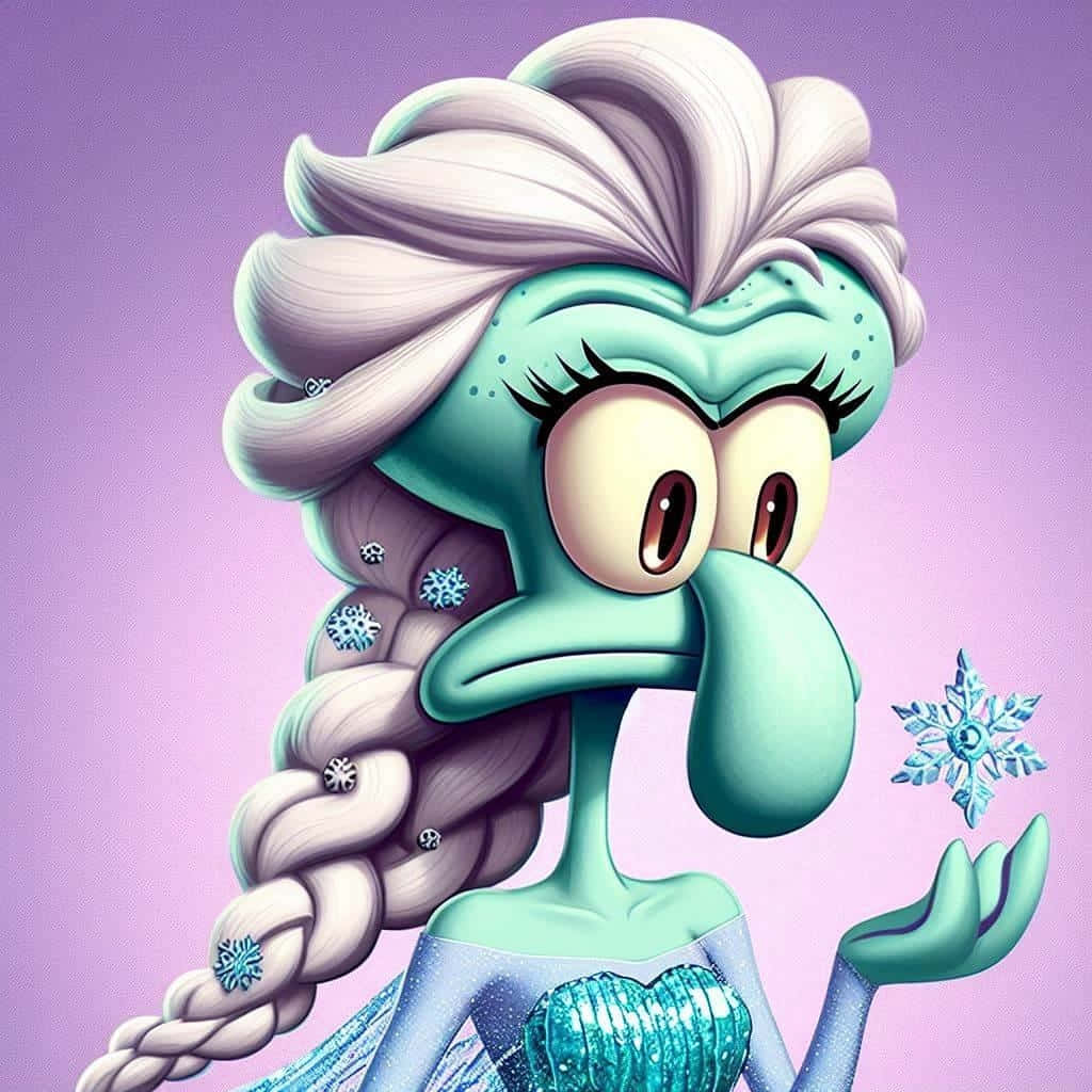  壁紙 — Squidward 穿著艾莎風格的冬季服裝，帶有冰霜雪花頭髮，手中拿著冰霜雪花，背景為薰衣草色。
