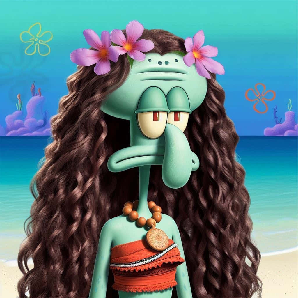  壁紙 — Squidward 留著長長的棕色頭髮，頭上戴著粉紅色的花朵，站在沙灘上，身穿橙色上衣和木製項鍊。