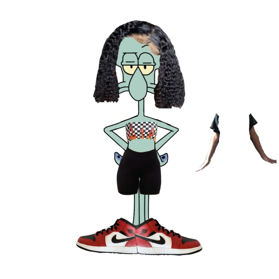  壁紙 — Squidward 留著捲髮，身穿火焰印花上衣，腳踏紅色運動鞋，分離的手臂漂浮在他旁邊。
