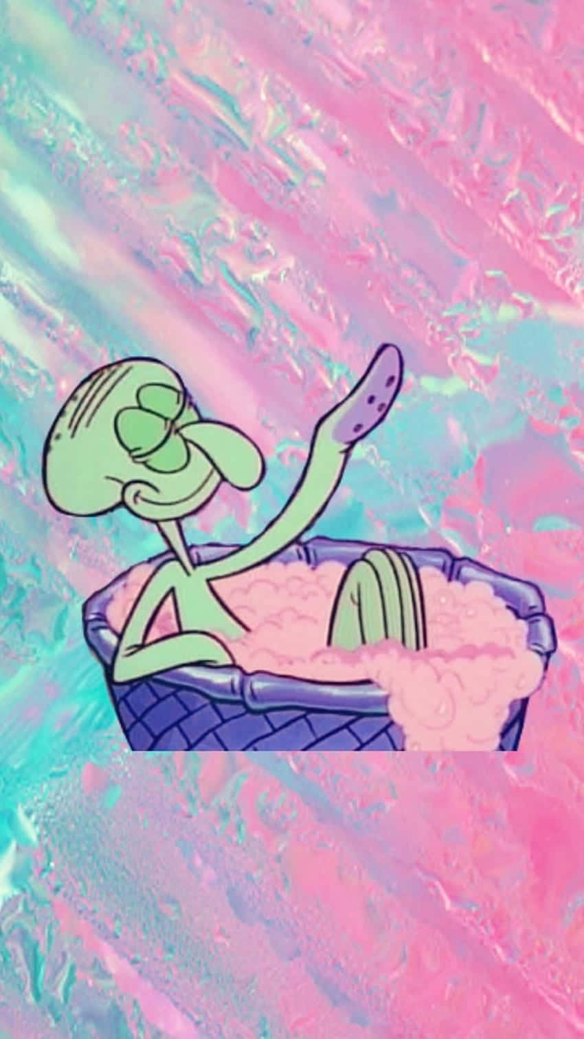  壁紙 — Squidward 在泡泡浴中放鬆，一隻手臂舉起，背景是充滿活力的粉紅色和藍綠色抽象圖案。