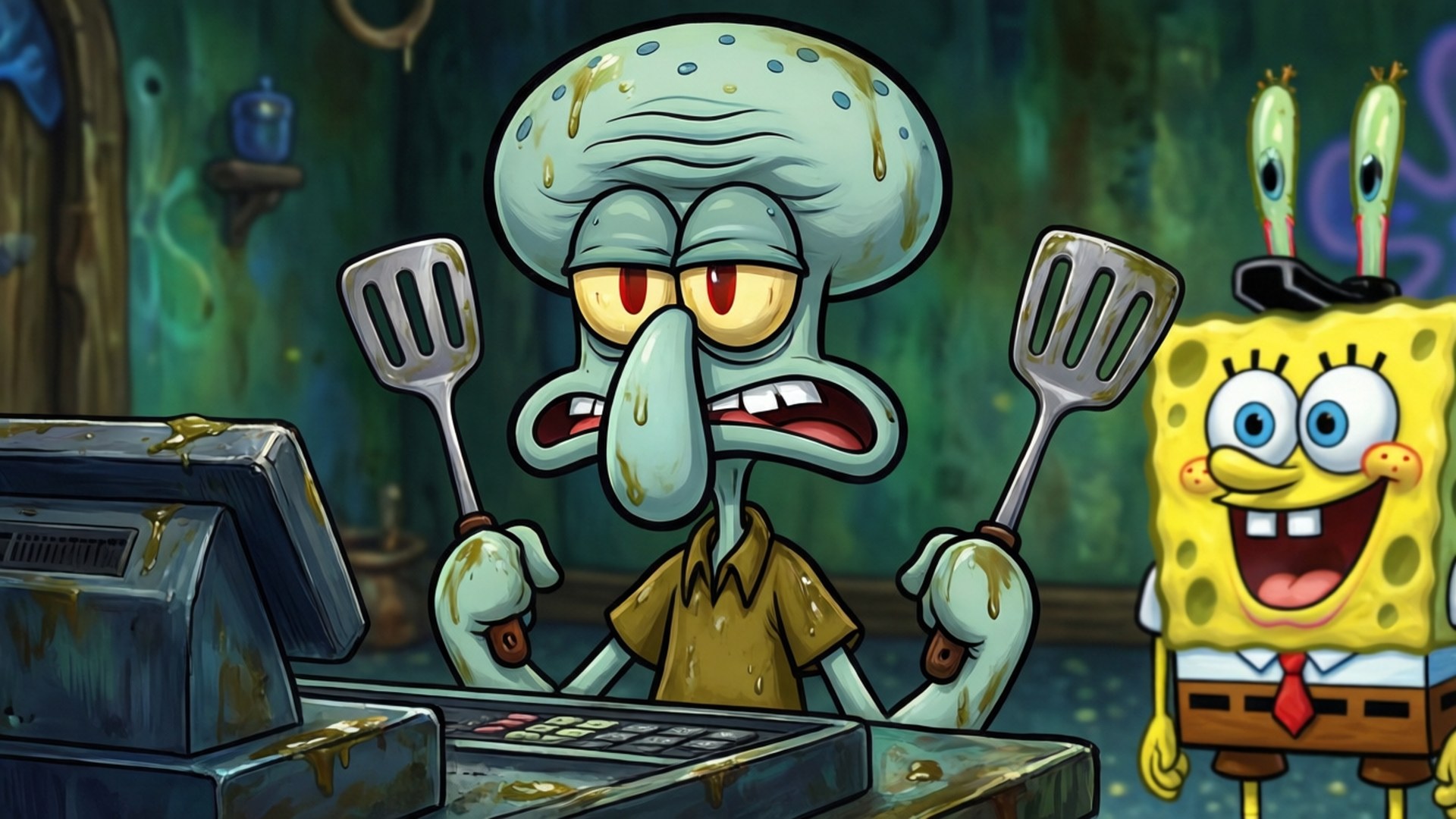 Krusty Krab Grump 壁紙 — Squidward 在油膩的櫃檯後面拿著鍋鏟，看起來很生氣，而SpongeBob在卡通廚房裡在他旁邊笑容燦爛。