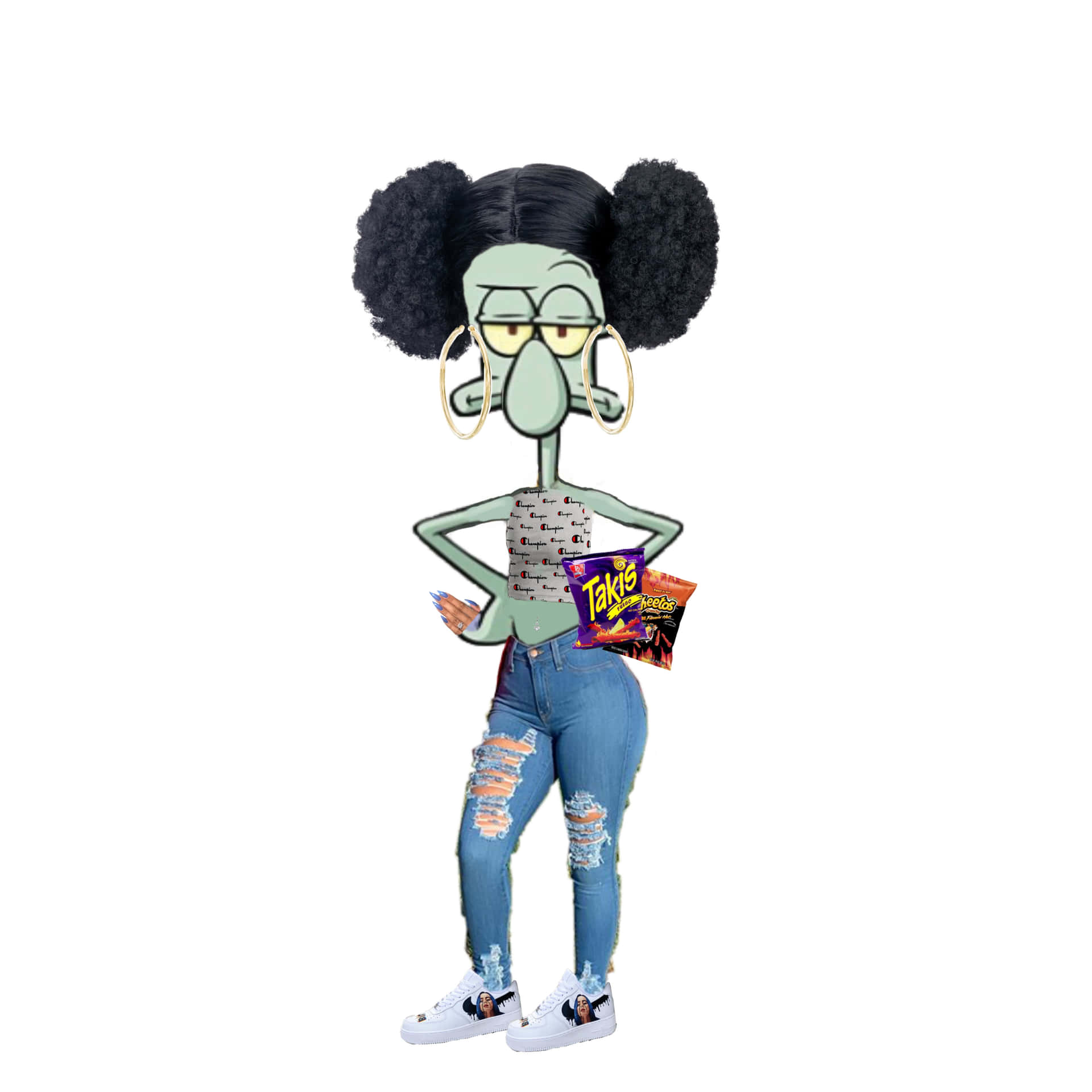  壁紙 — Squidward 梳著非洲爆炸頭、戴著金色大圈耳環，穿著破洞牛仔褲和白布鞋，手持多力多滋玉米片。