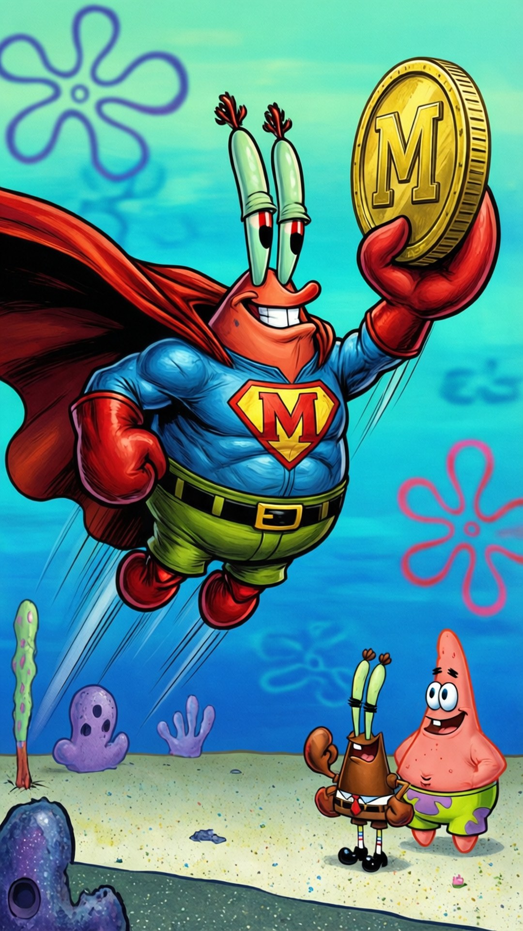 Super Money Man 壁紙 — Squidward 穿著超級英雄服裝，自豪地飛翔，手持一枚帶有 M 標誌的巨大金幣在水下，而 Patrick 和 SpongeBob 在下方觀看。