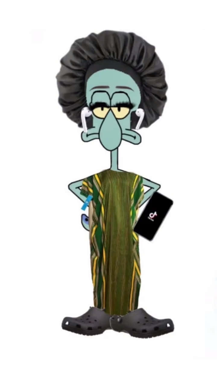  壁紙 — Squidward Tentacles 穿著綠色圖案連衣裙、黑色Crocs鞋和黑色帽子，手持帶耳塞的TikTok手機。