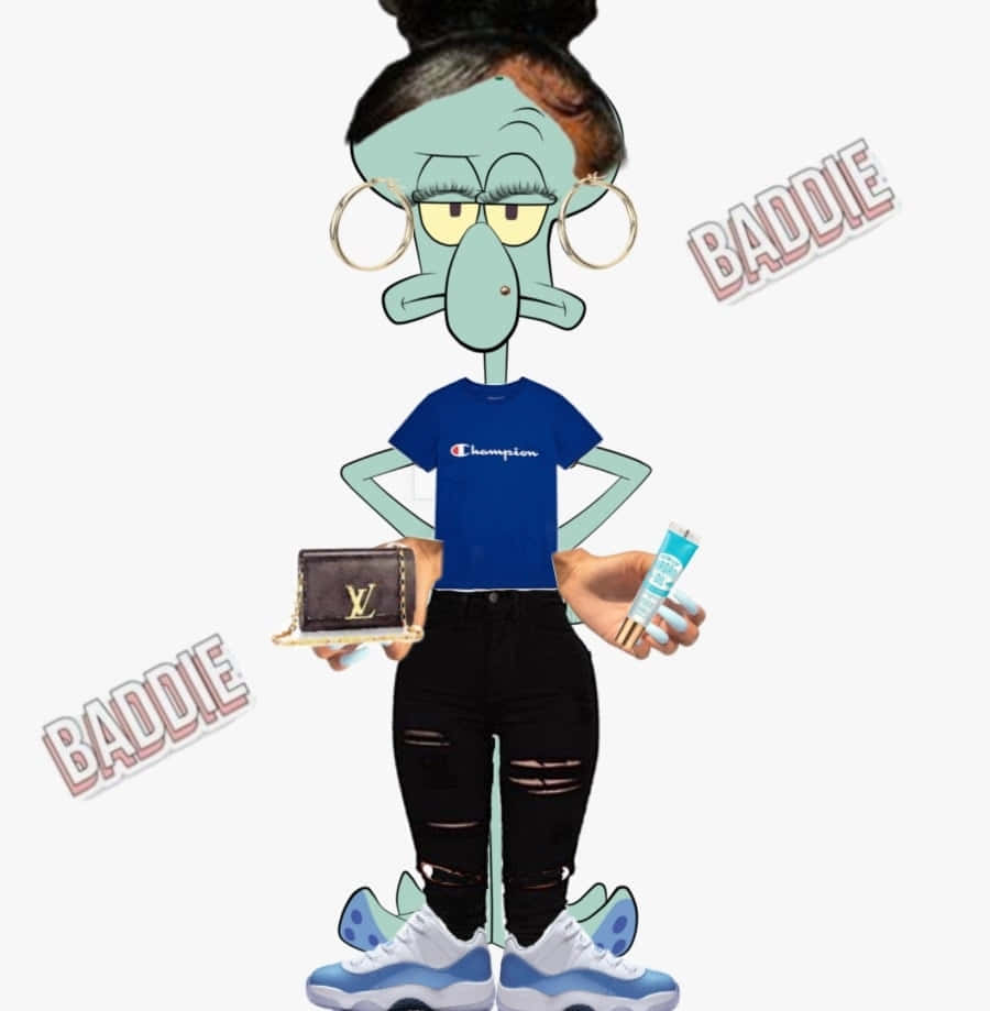  壁紙 — Squidward Tentacles 穿著時尚街頭服飾，手持 Louis Vuitton 錢包和牙膏，周圍漂浮著「BADDIE」文字。