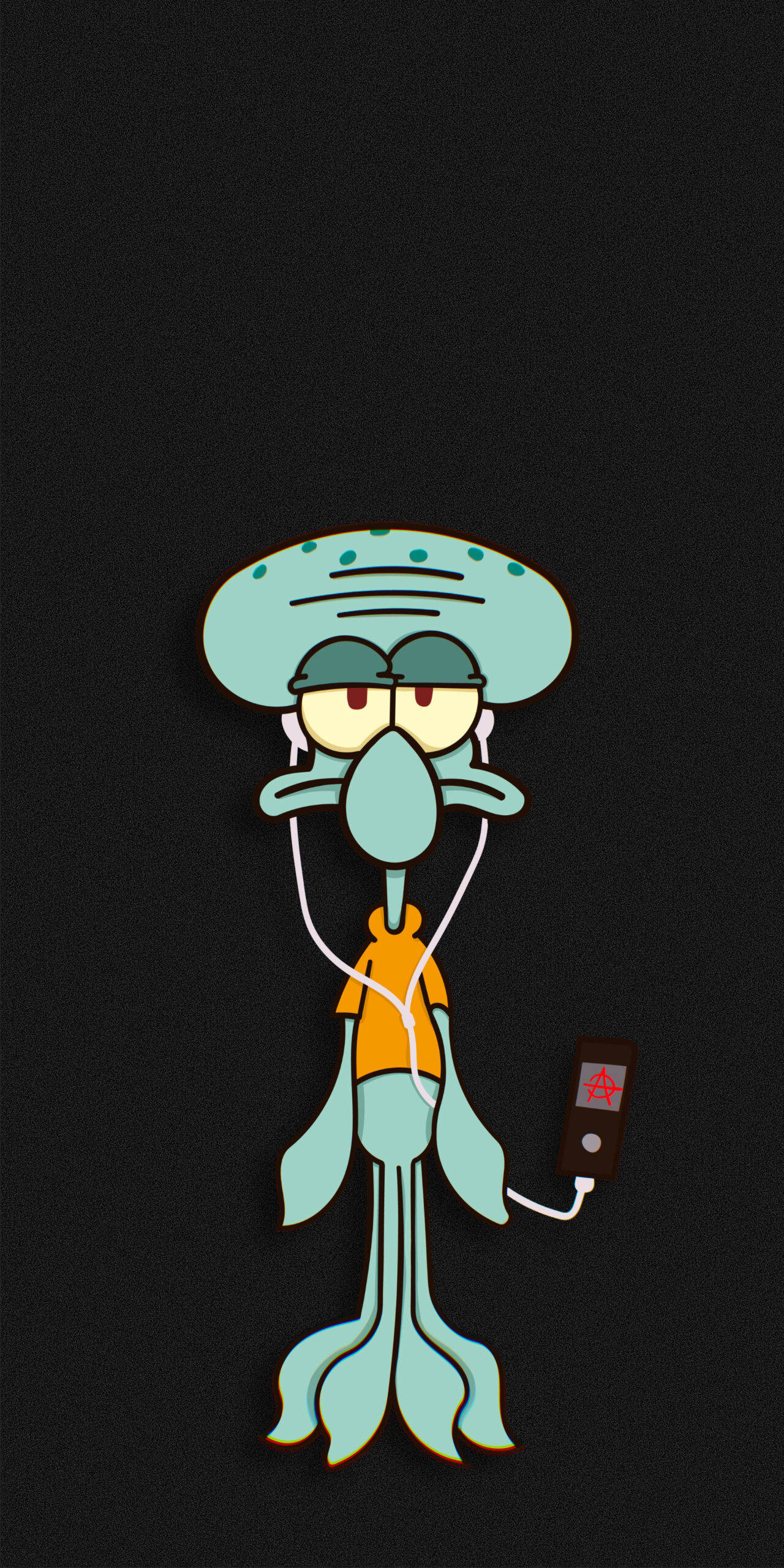 海绵宝宝 桌布 壁紙 — Squidward Tentacles 在純黑色背景下戴著耳塞聽音樂。