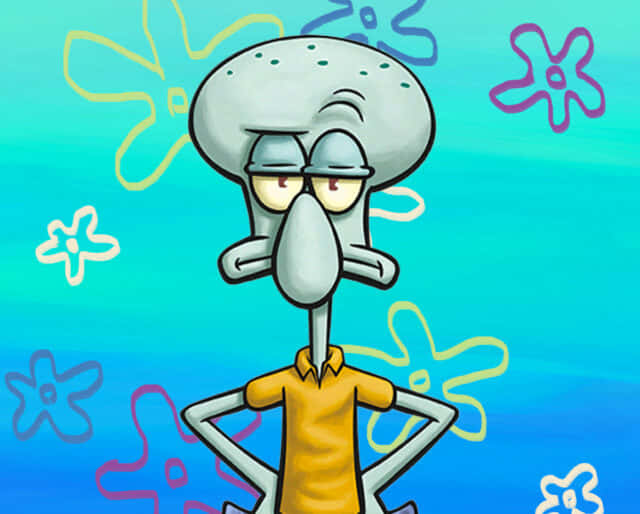 Squidward 桌布 壁紙 — Squidward Tentacles 雙手交叉站立，背景為充滿活力的藍色，帶有色彩繽紛的抽象花朵輪廓。
