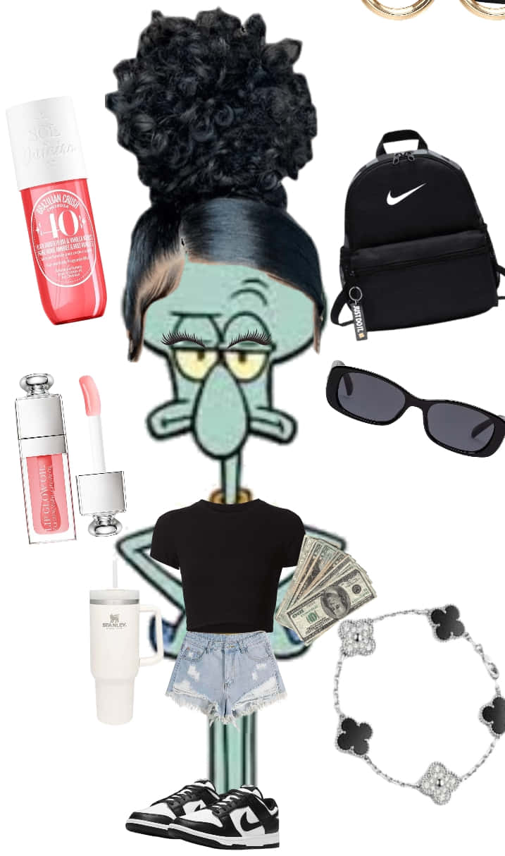  壁紙 — Squidward Tentacles 以時尚服飾、配飾和美容產品造型，背景為白色。