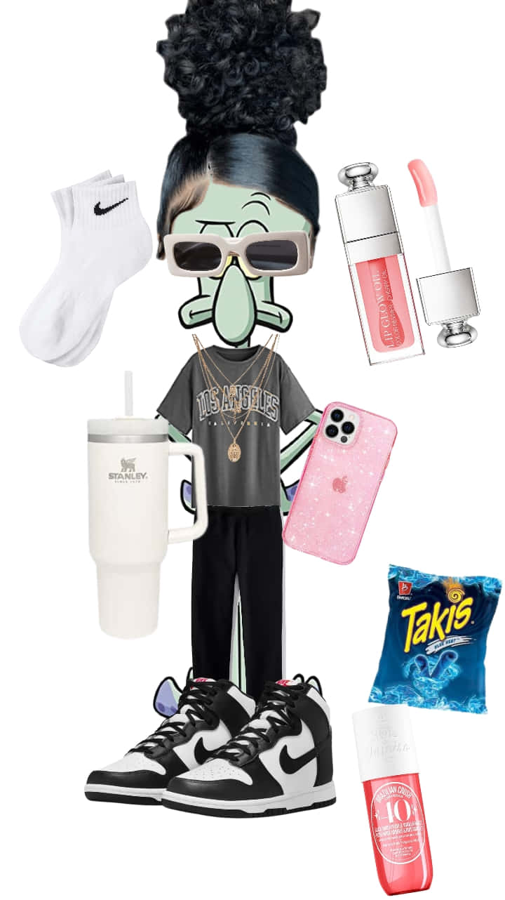  壁紙 — Squidward Tentacles 穿著街頭服飾，搭配運動鞋、唇彩和零食，背景為白色。