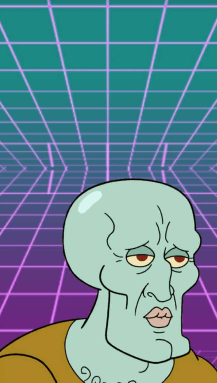 Cartoon 桌布 壁紙 — Squidward Tentacles 以疲憊的表情凝視著充滿活力的紫色和青色網格背景。