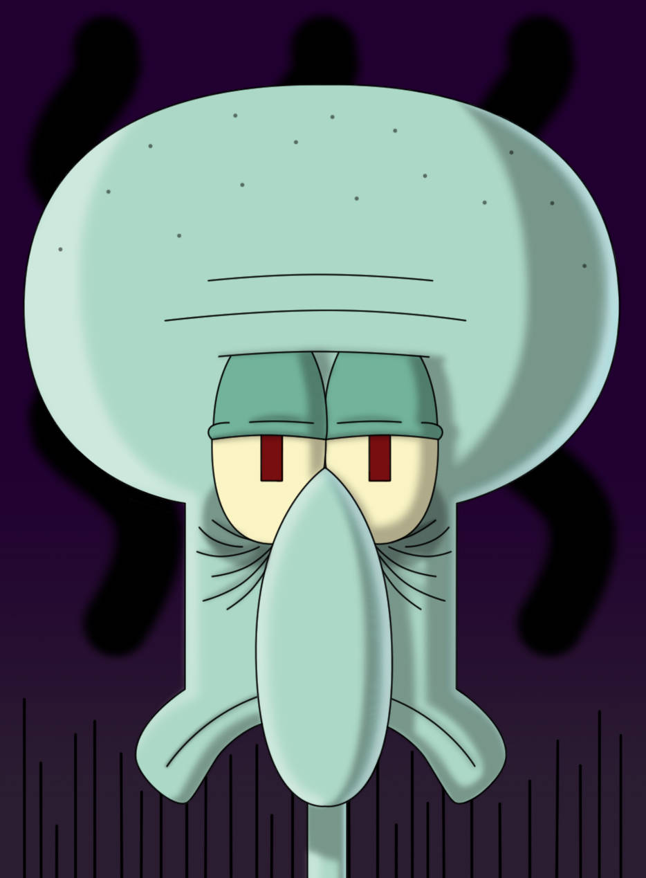 海绵宝宝 桌布 壁紙 — Squidward Tentacles 在深紫色背景上，帶有陰影輪廓，用紅色眼睛強烈地凝視。