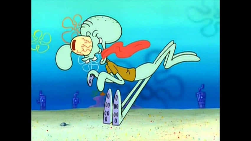 Squidward 桌布 壁紙 — Squidward Tentacles 在水底的跳板上開心地跳躍，紅色圍巾在他身後飄揚。