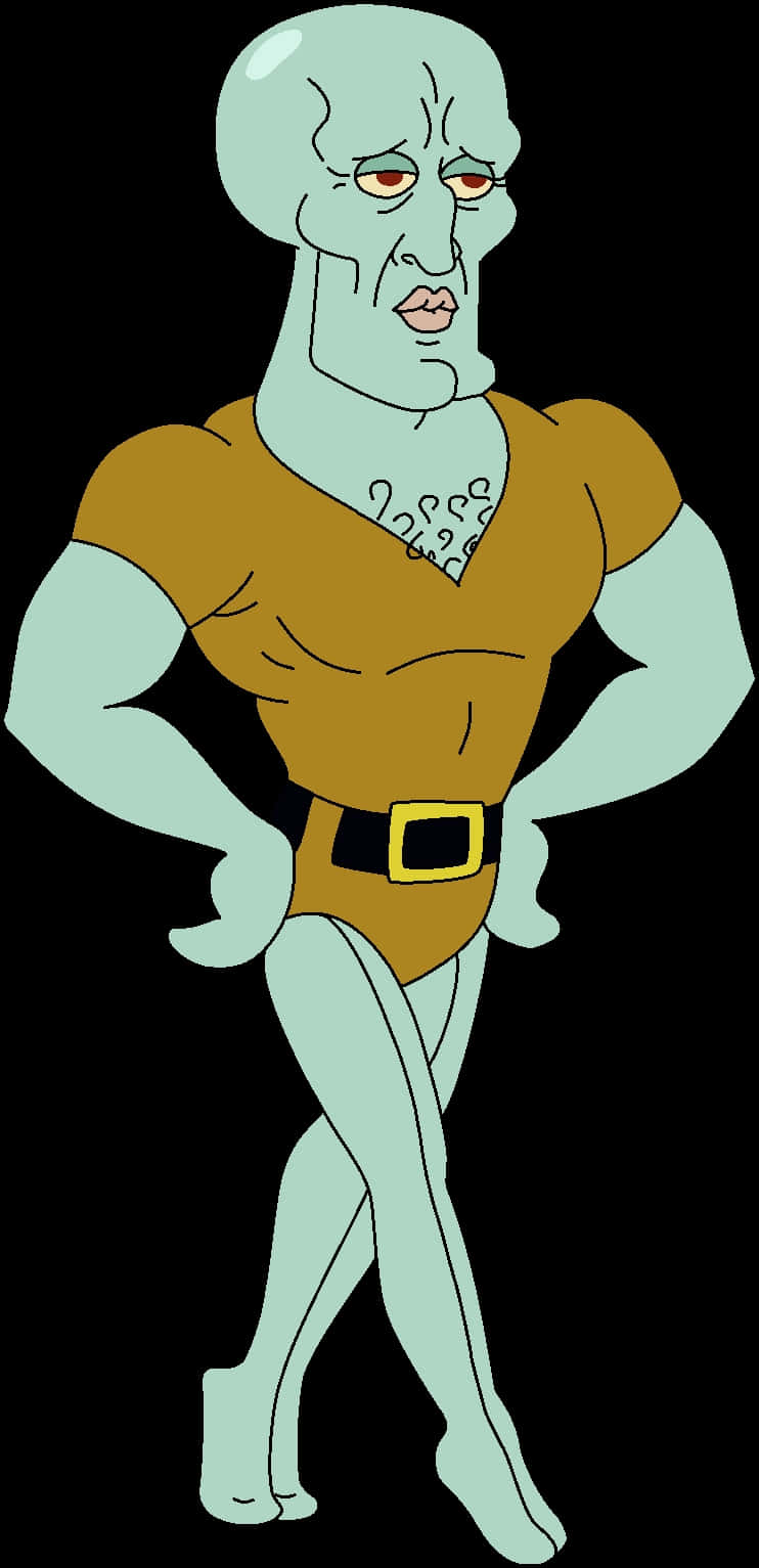  壁紙 — Squidward Tentacles 自信地站立，雙手叉腰，身穿標誌性的棕色襯衫和皮帶，背景為黑色。