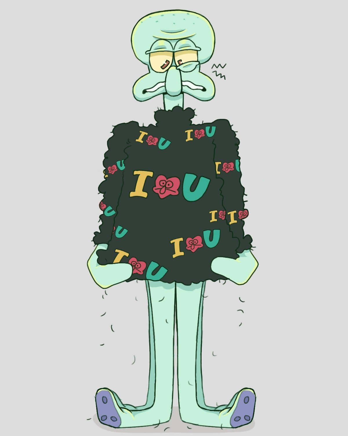  壁紙 — Squidward 以不滿的姿勢站著，穿著一件黑色毛絨毛衣，上面佈滿了色彩繽紛的 I U 心形圖案。