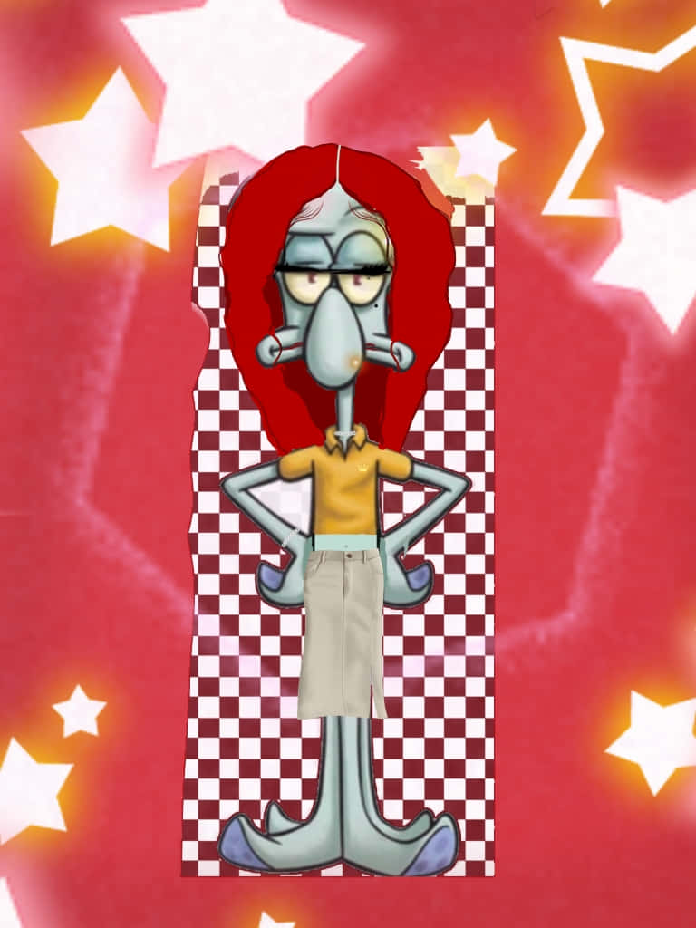  壁紙 — Squidward 自信地站立，身穿黃色襯衫和米色裙子，背景為紅色，帶有發光的白色星星和格子圖案。