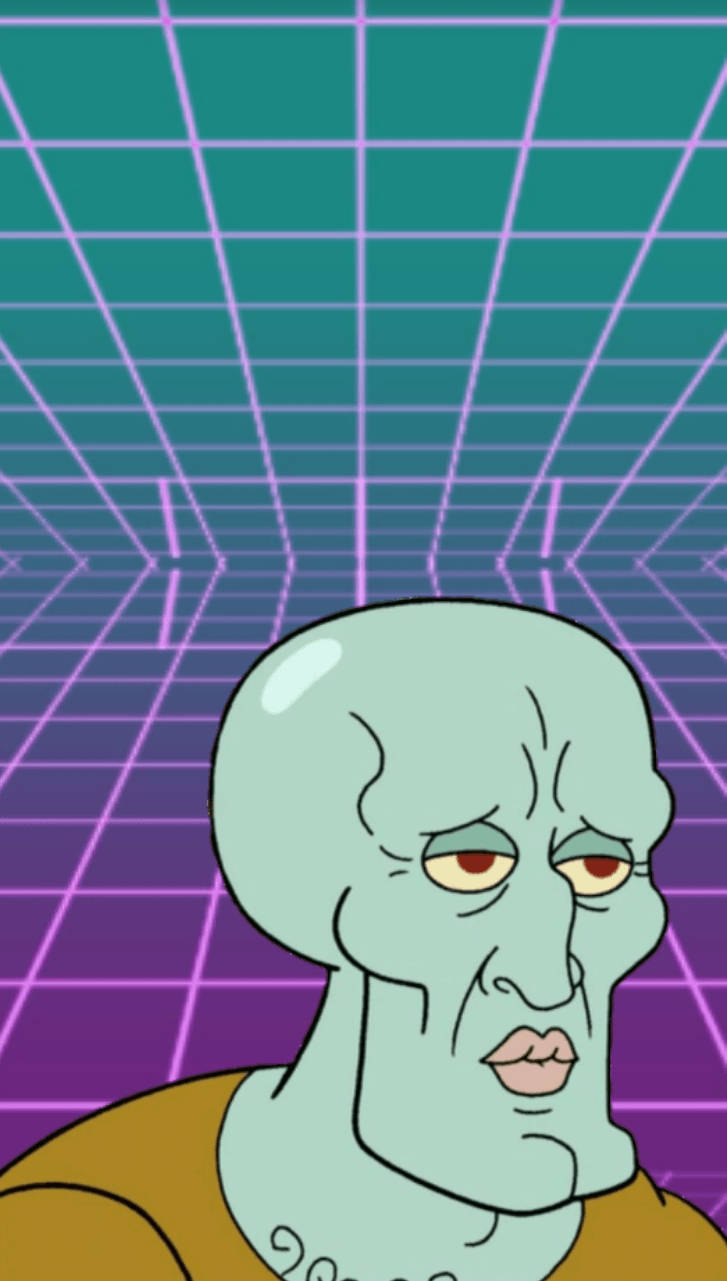 Funny Spongebob 桌布 壁紙 — Squidward 以疲憊的表情凝視著充滿活力的復古未來風格網格背景。