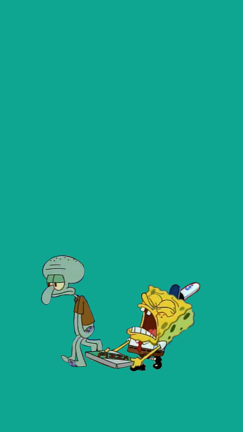 Tentacles 桌布 壁紙 — Squidward 冷靜地走路，而 SpongeBob 用瘋狂的能量拉著一個披薩盒，背景是純青色。