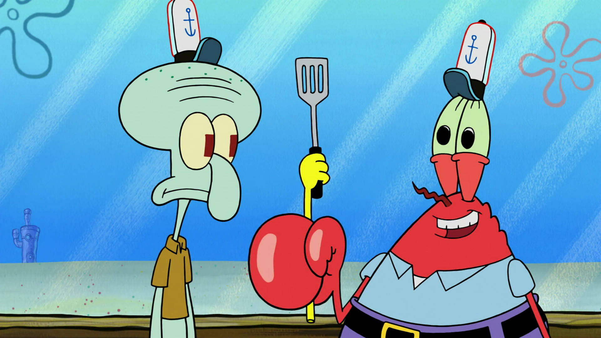 Mr Krabs 桌布 壁紙 — Squidward 和 Mr. Krabs 戴著水手帽，拿著鍋鏟和拳擊手套站在水下。