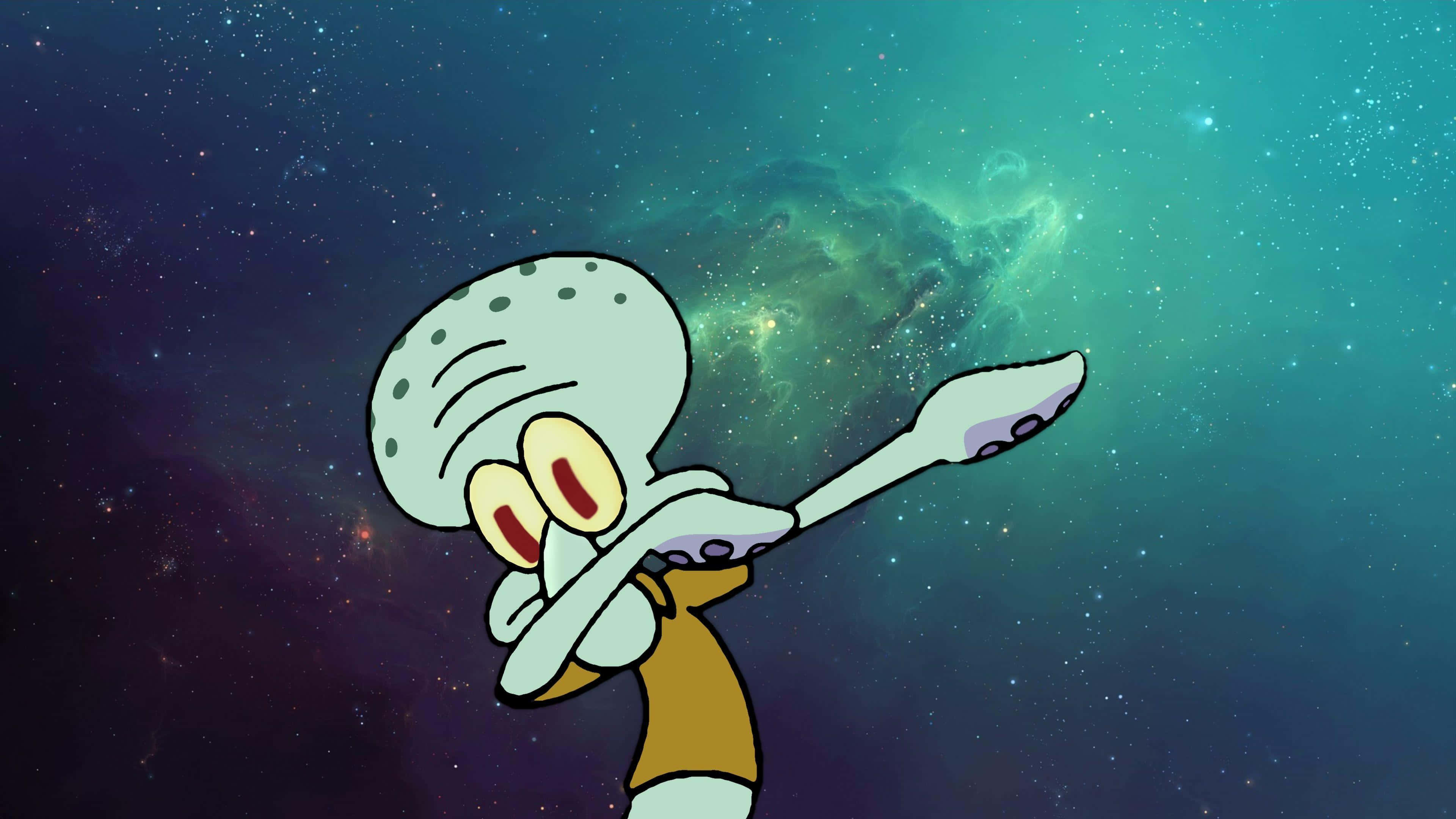 Aesthetic Squidward 桌布 壁紙 — Squidward 在充滿活力的宇宙星雲中跳舞，星星在他周圍旋轉。