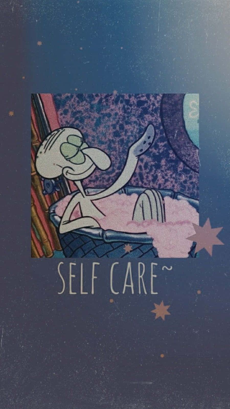 Self Care 桌布 壁紙 — Squidward 在星空下享受泡泡浴，下方有 'SELF CARE~' 文字。
