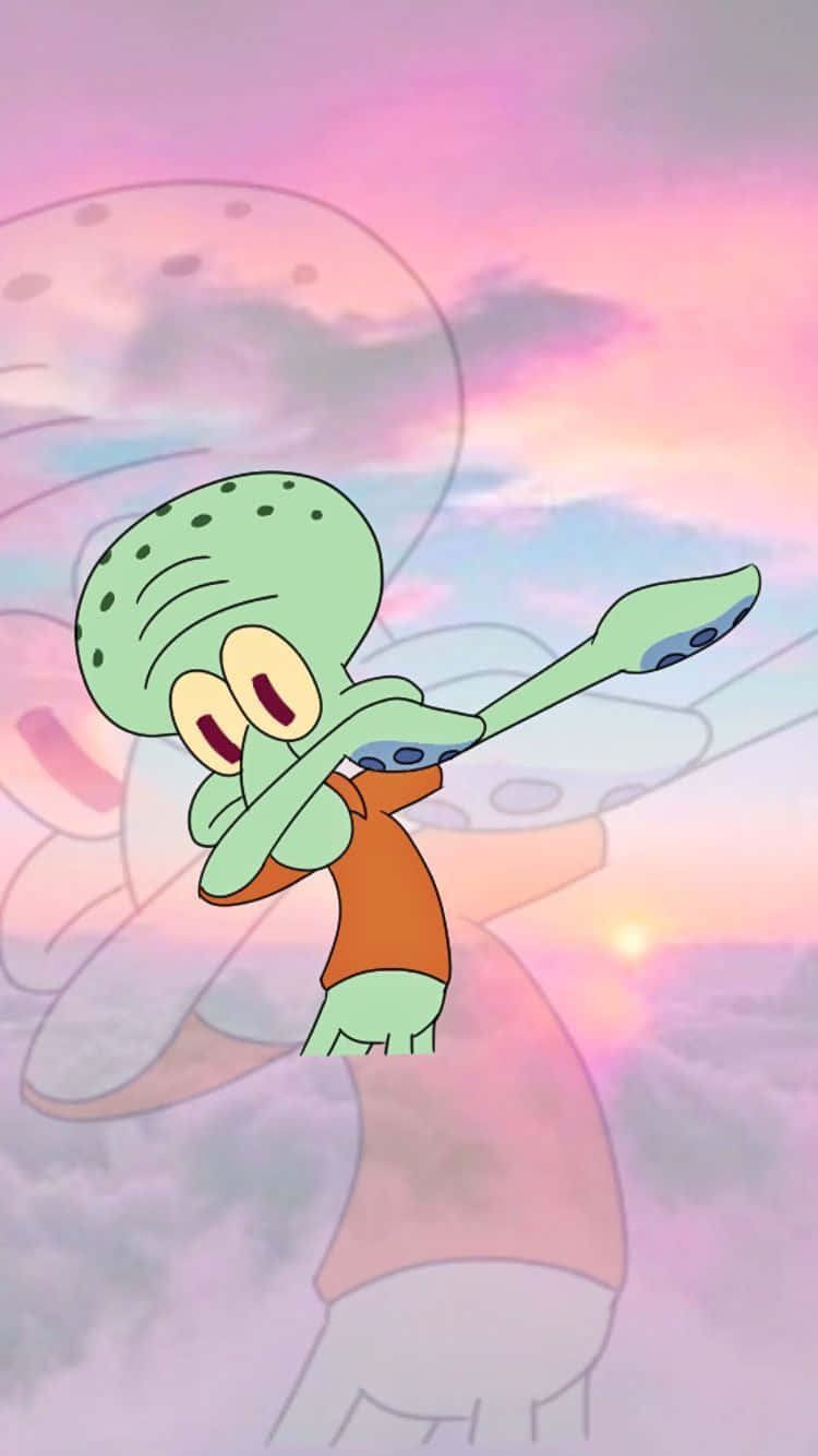 Cartoon Aesthetic iPhone 桌布 壁紙 — Squidward 在柔和雲朵和發光太陽的粉彩日落天空下快樂地跳舞。