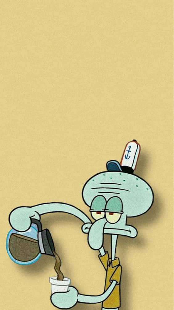 Aesthetic Squidward 桌布 壁紙 — Squidward 在純米色背景前帶著疲倦的表情倒咖啡。