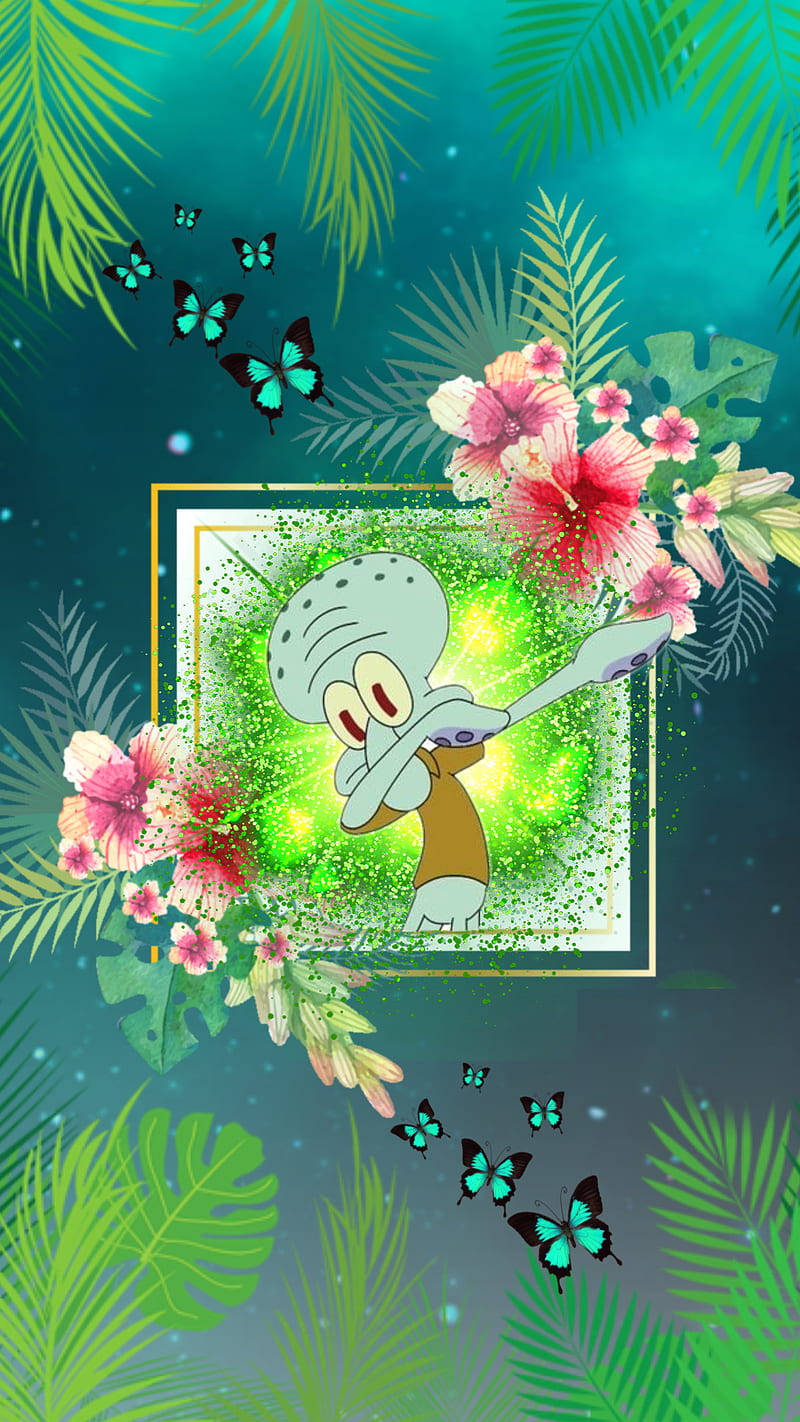 Tentacles 桌布 壁紙 — Squidward 在閃爍的框架中跳舞，周圍環繞著熱帶花卉和蝴蝶，背景是青綠色漸變。