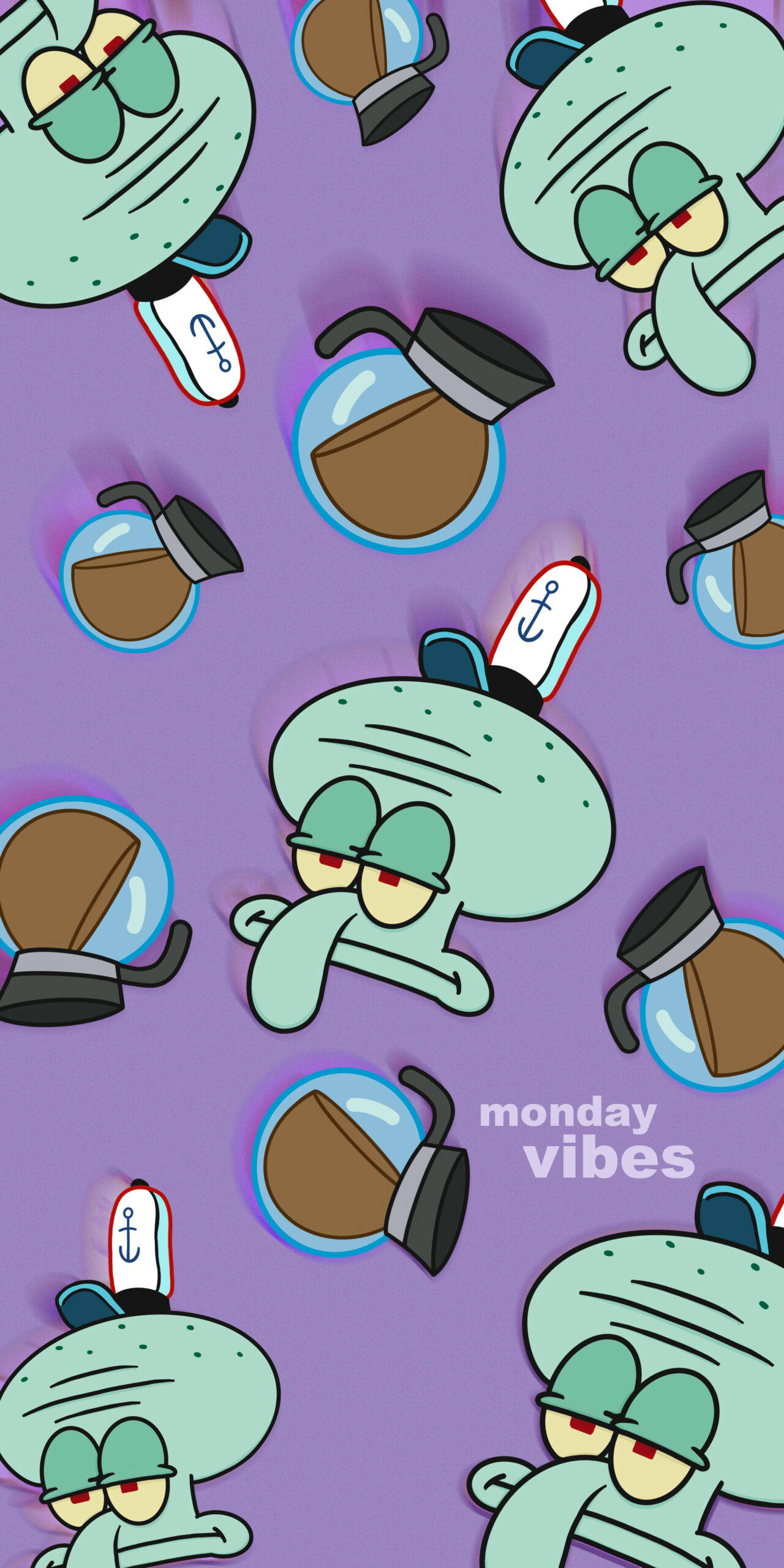 海绵宝宝 桌布 壁紙 — Squidward 帶著咖啡壺和錨帽重複在紫色背景上，帶有 'monday vibes' 文字。